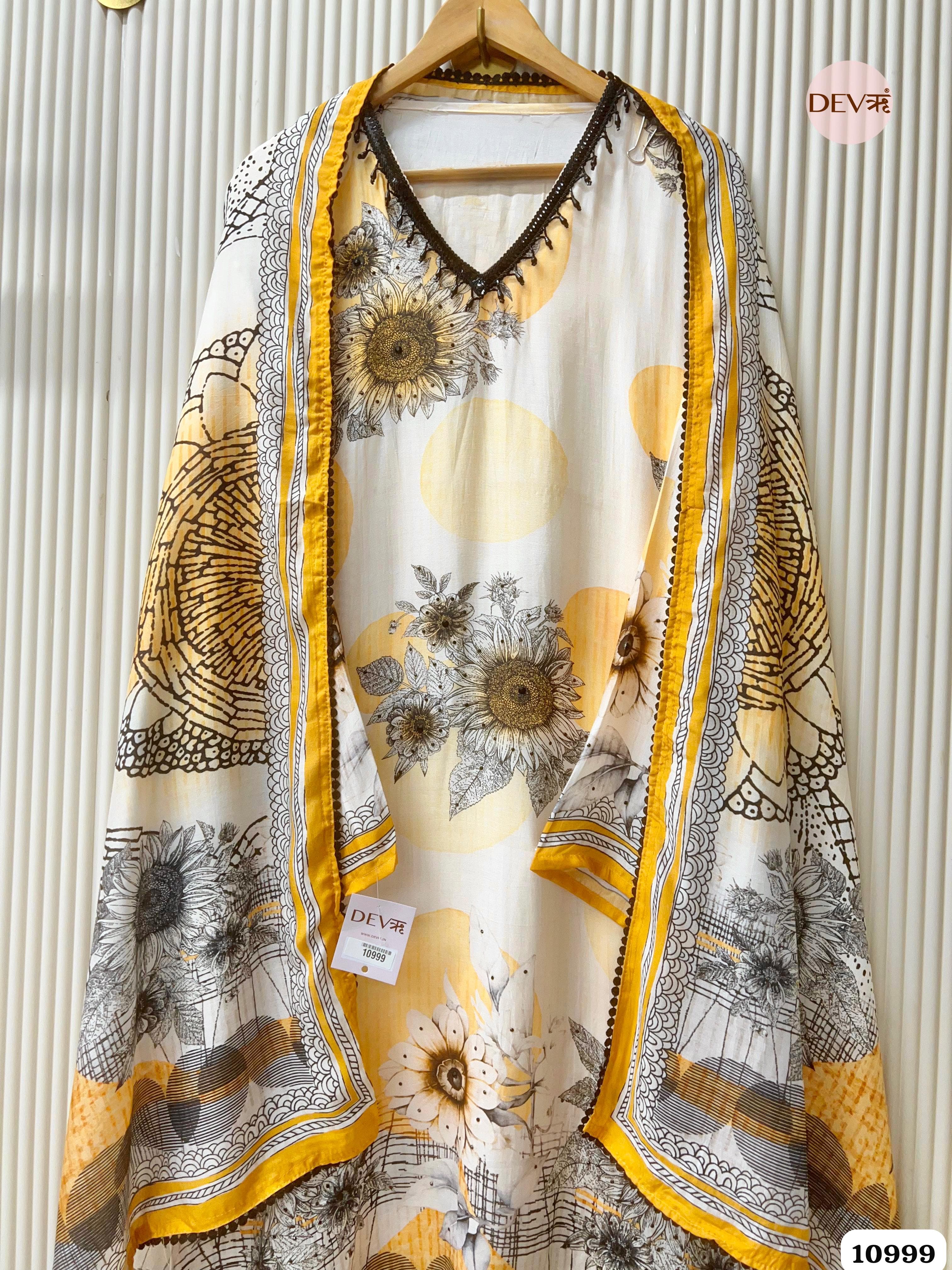 Yellow Muslin Semi Stitched Printed Hand Embroidered -Set Of 3 {10999}