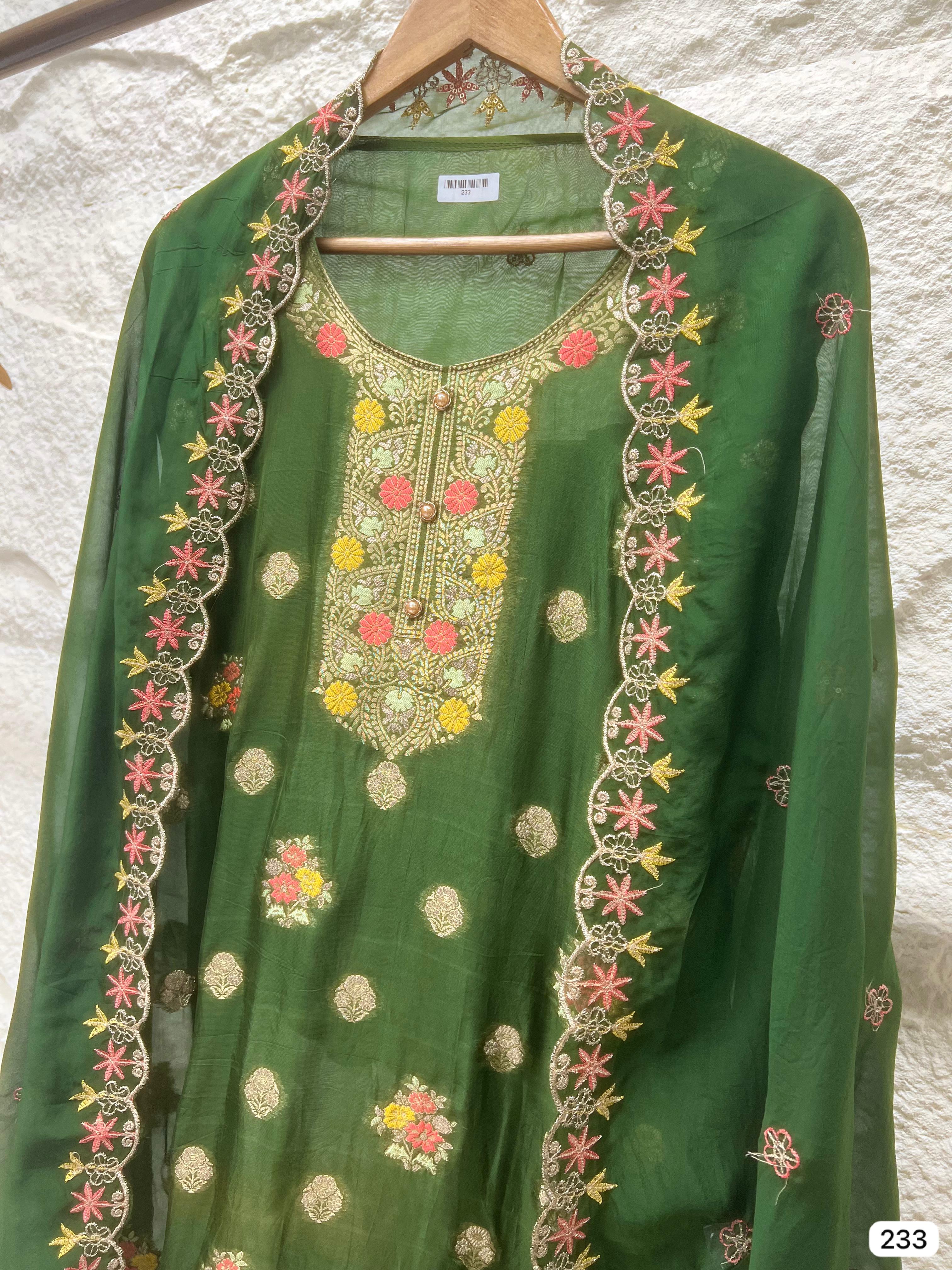 Tara Organza Embroidered Emerald Green 3-Piece Set (Devri – D.No 233)