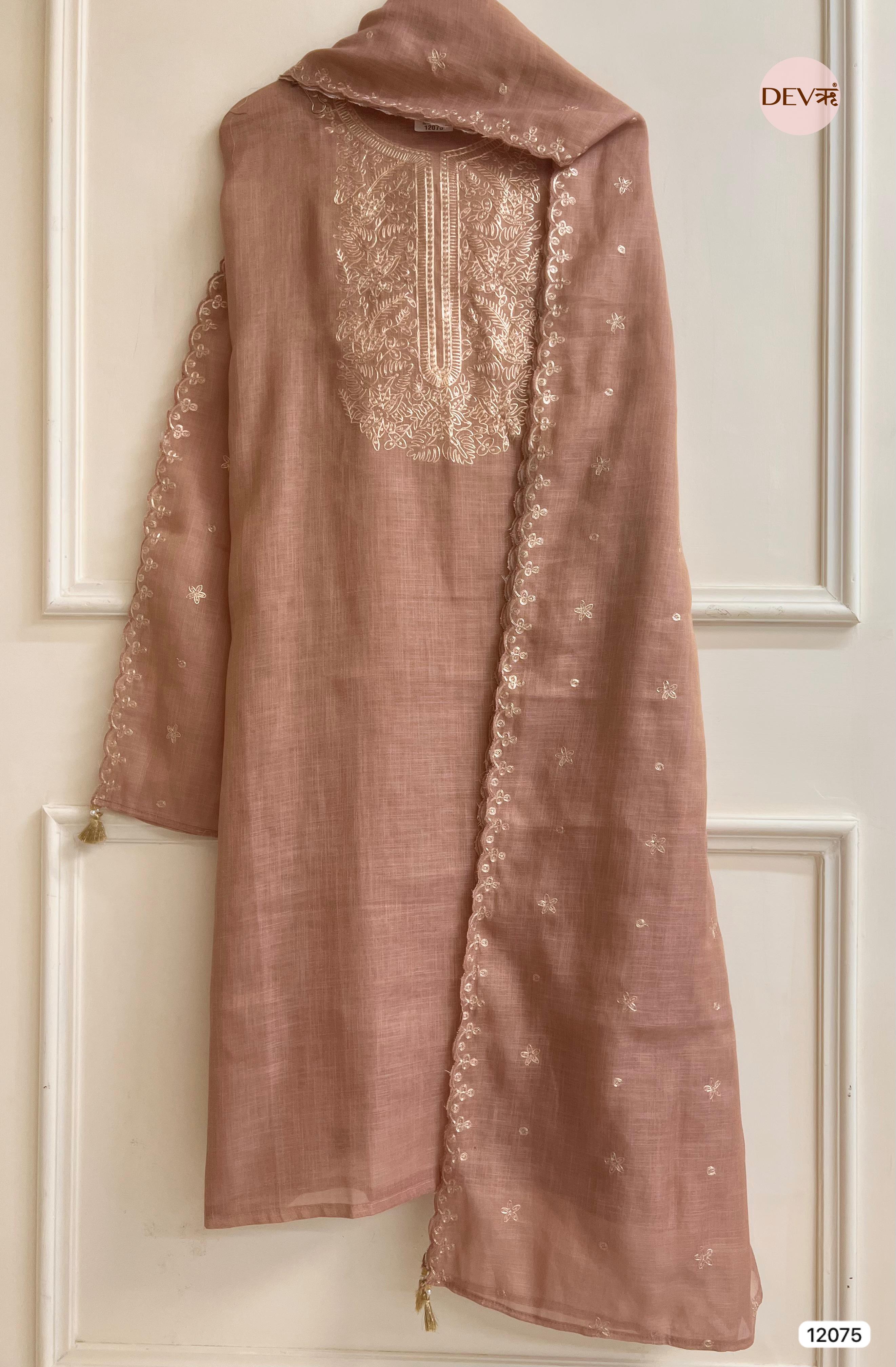 Brown Pure Linen Unstitched Zardosi Embroidered -Set Of 3 - {12075}