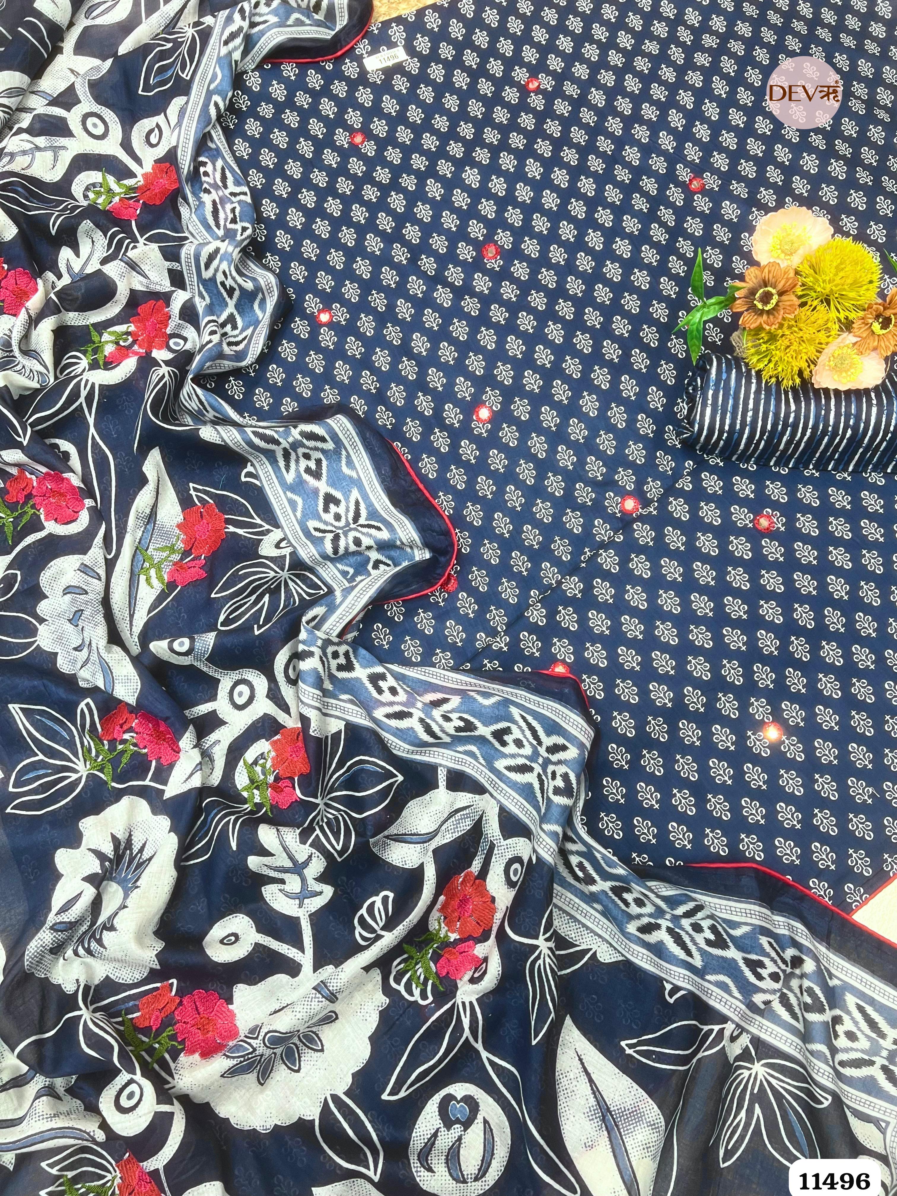Navy Blue Mul Cotton Unstitched Printed Hand Embroidered -Set Of 3 {11496}