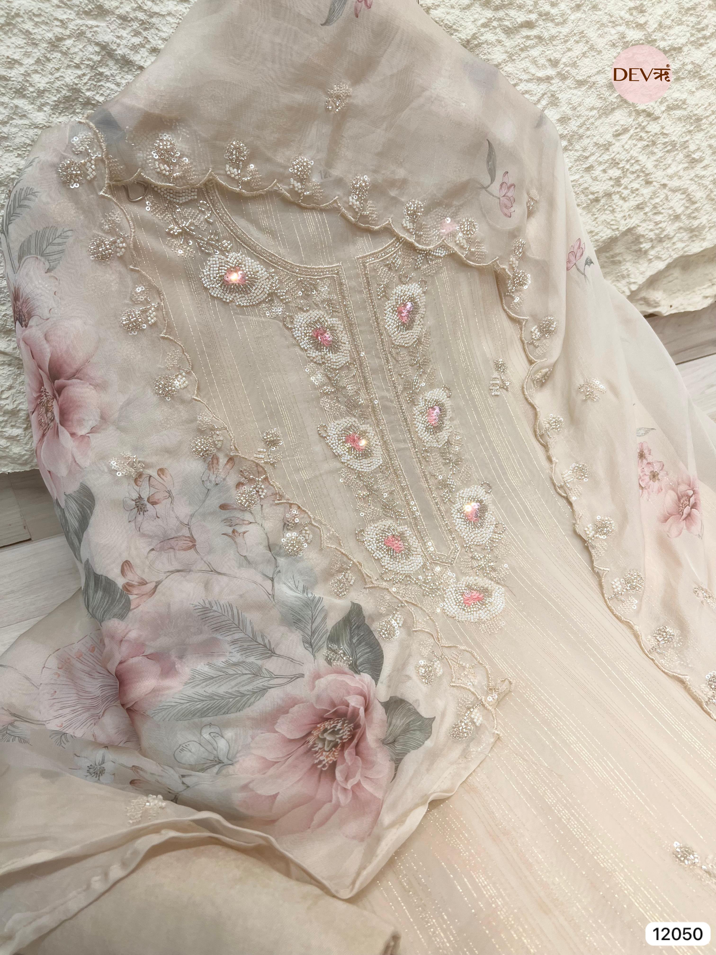 Off White Pure Organza Woven Unstitched Hand Embroidered -Set Of 3 - {12050}