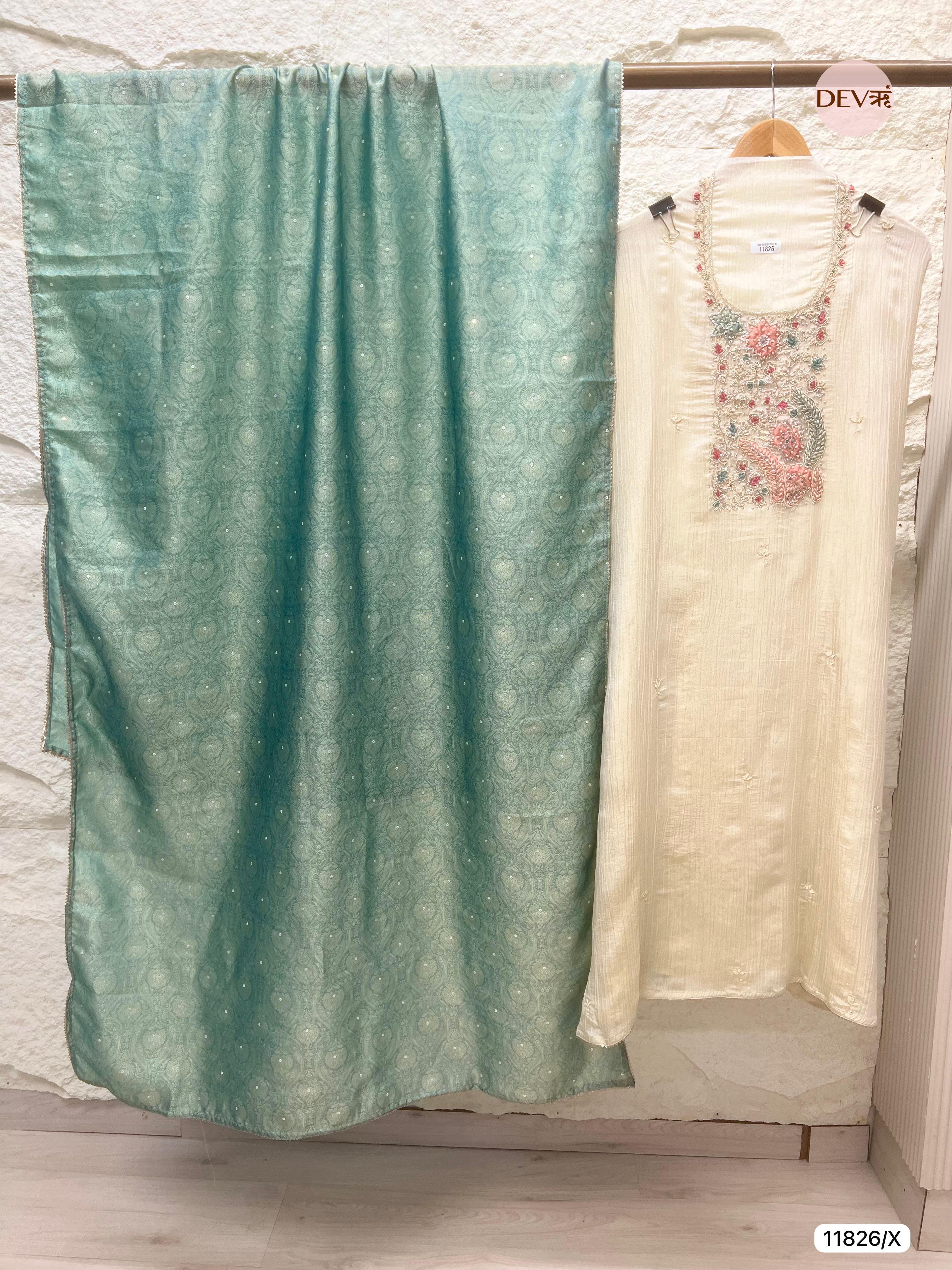 Off White Pure Tissue Crush Silk Unstitched Hand Embroidered -Set Of 3- {11826/X}
