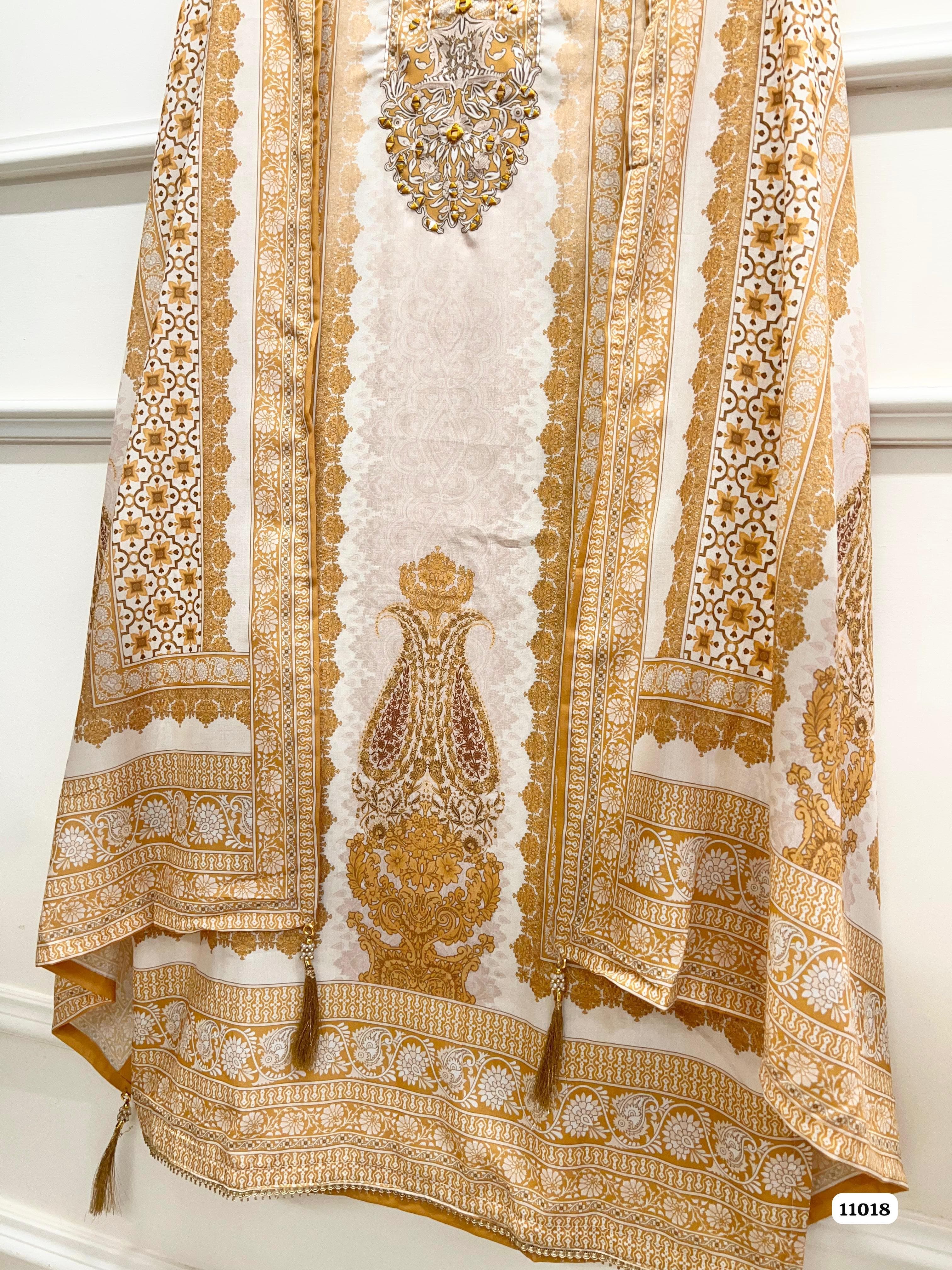 Yellow  Cotton Unstitched Printed Hand Embidered -Set Of 3 {11018}