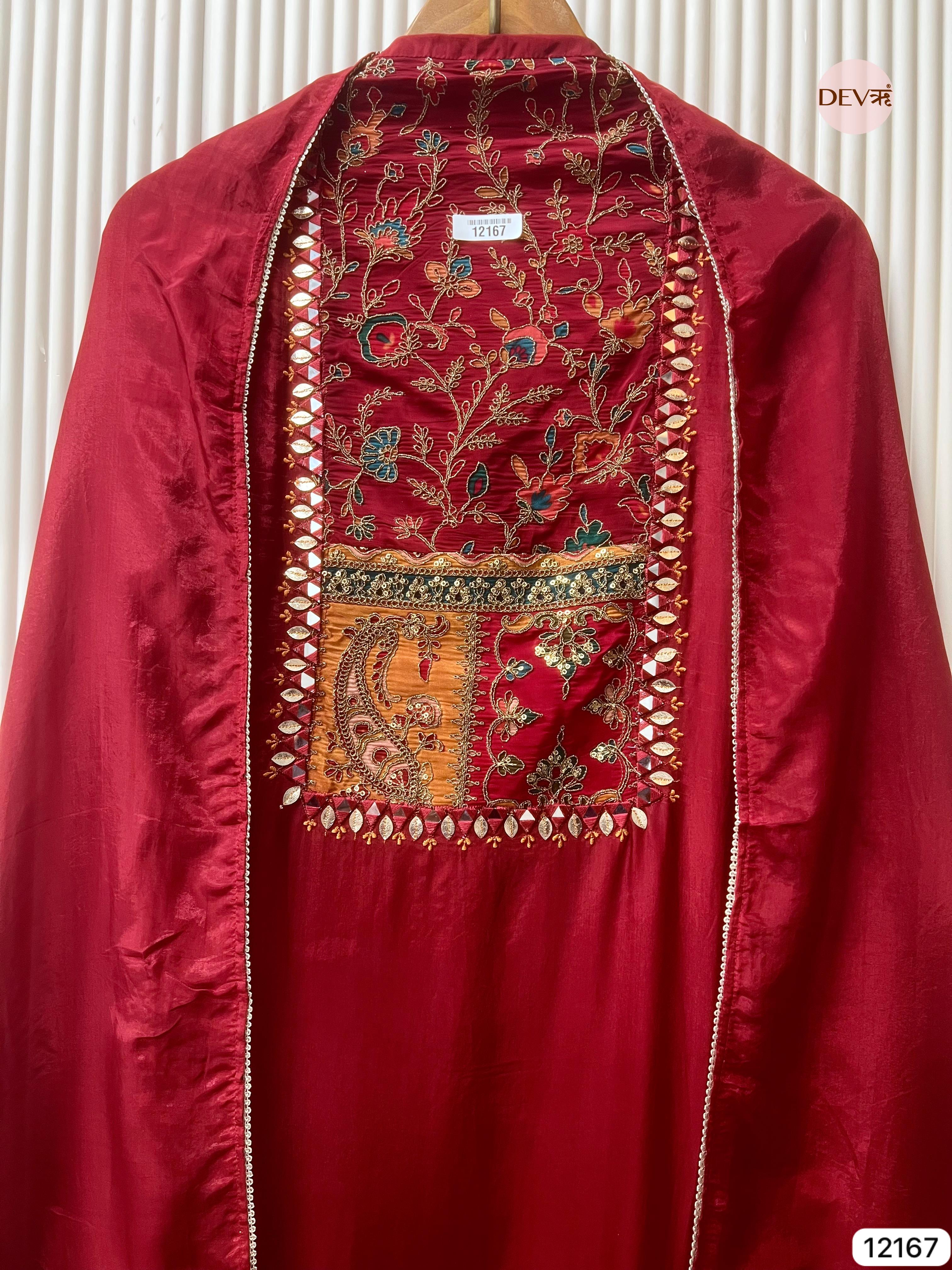 Red Organza Silk Unstitched Shirt with Hand Embroidered -Set Of 3 - {12167}