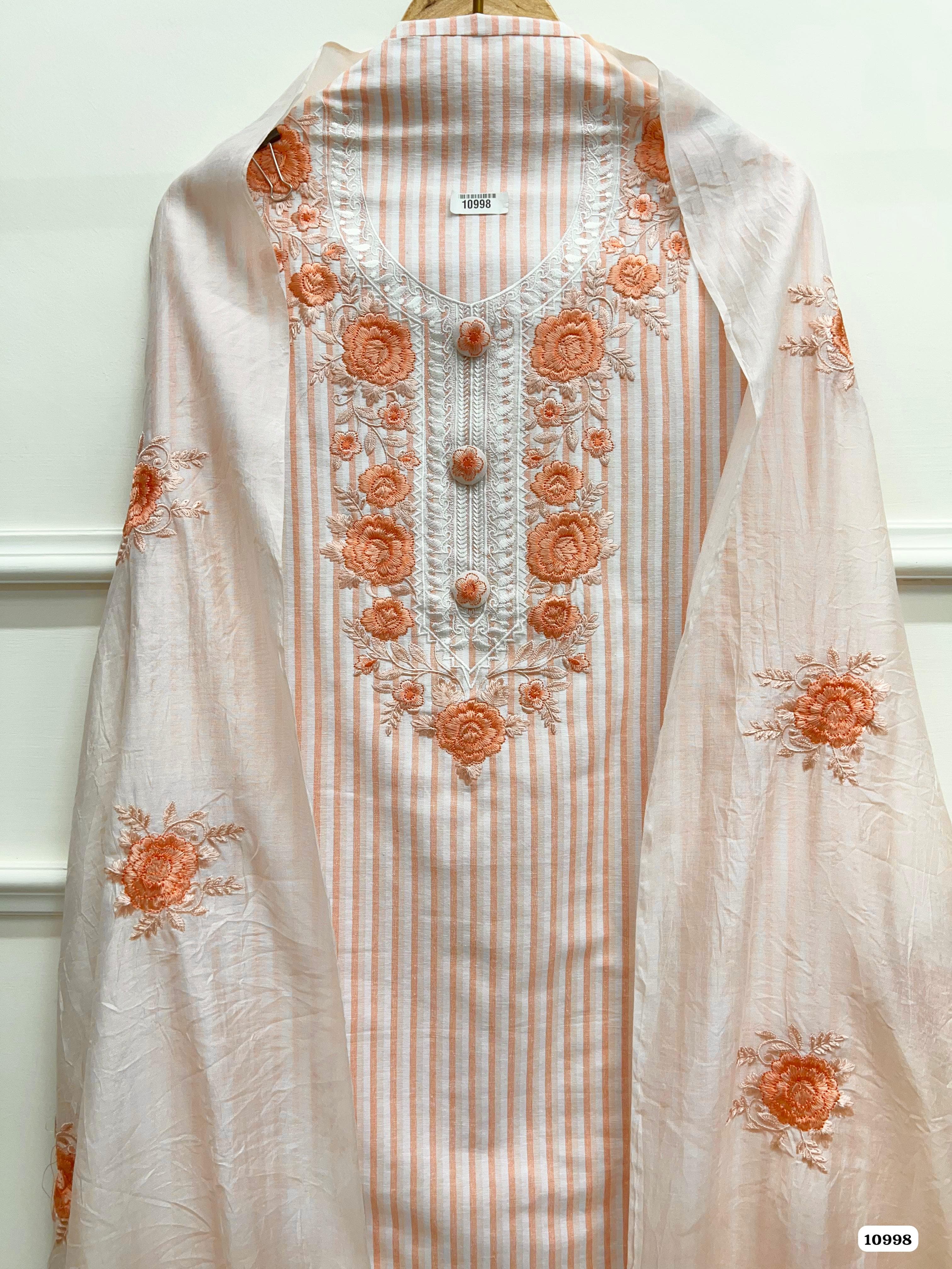 Peach Khadi Cotton Unstitched Embroidered -Set Of 3