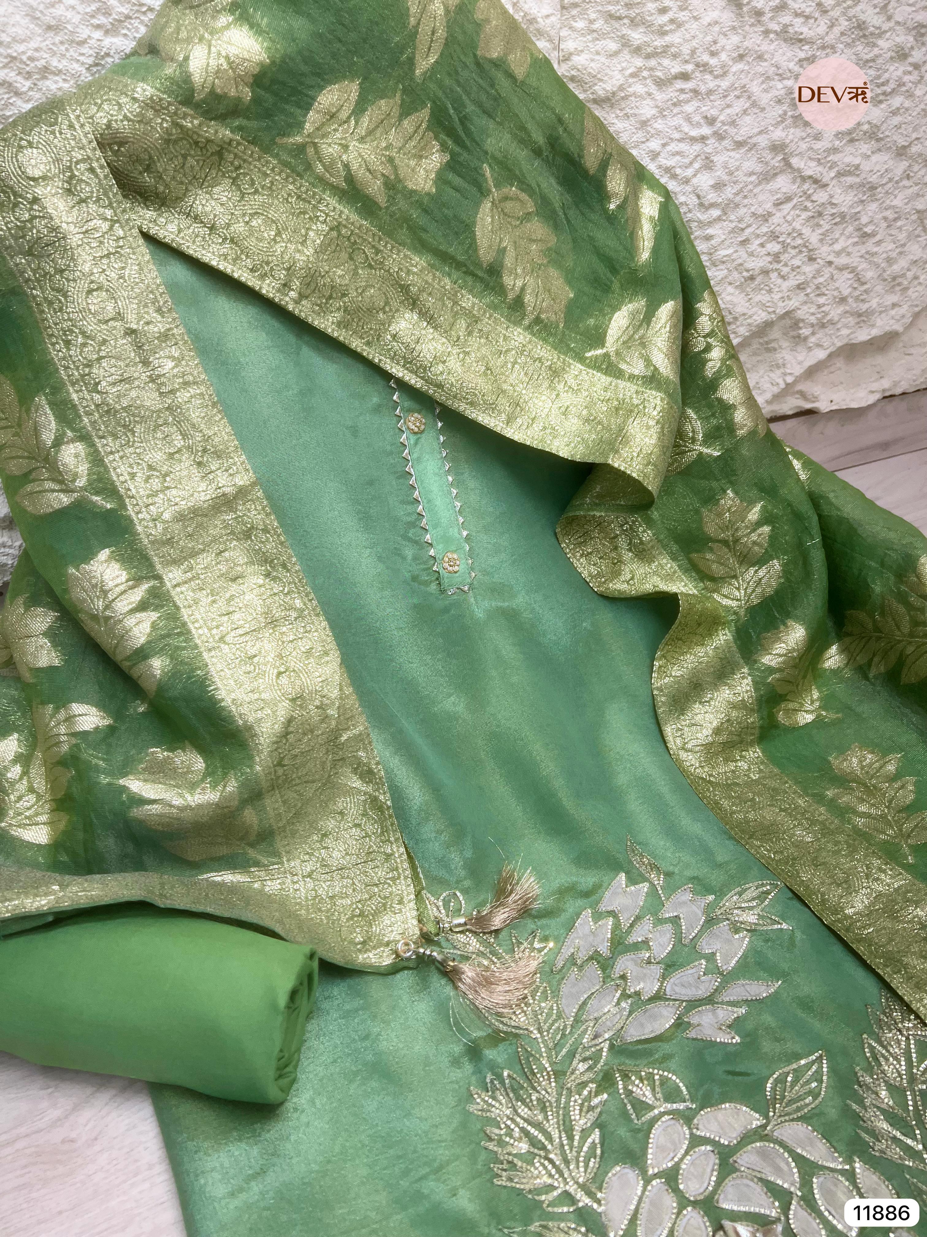 Green Tissue Shimmer Silk Unstitched Hand Embroidered -Set Of 3 - {11886}