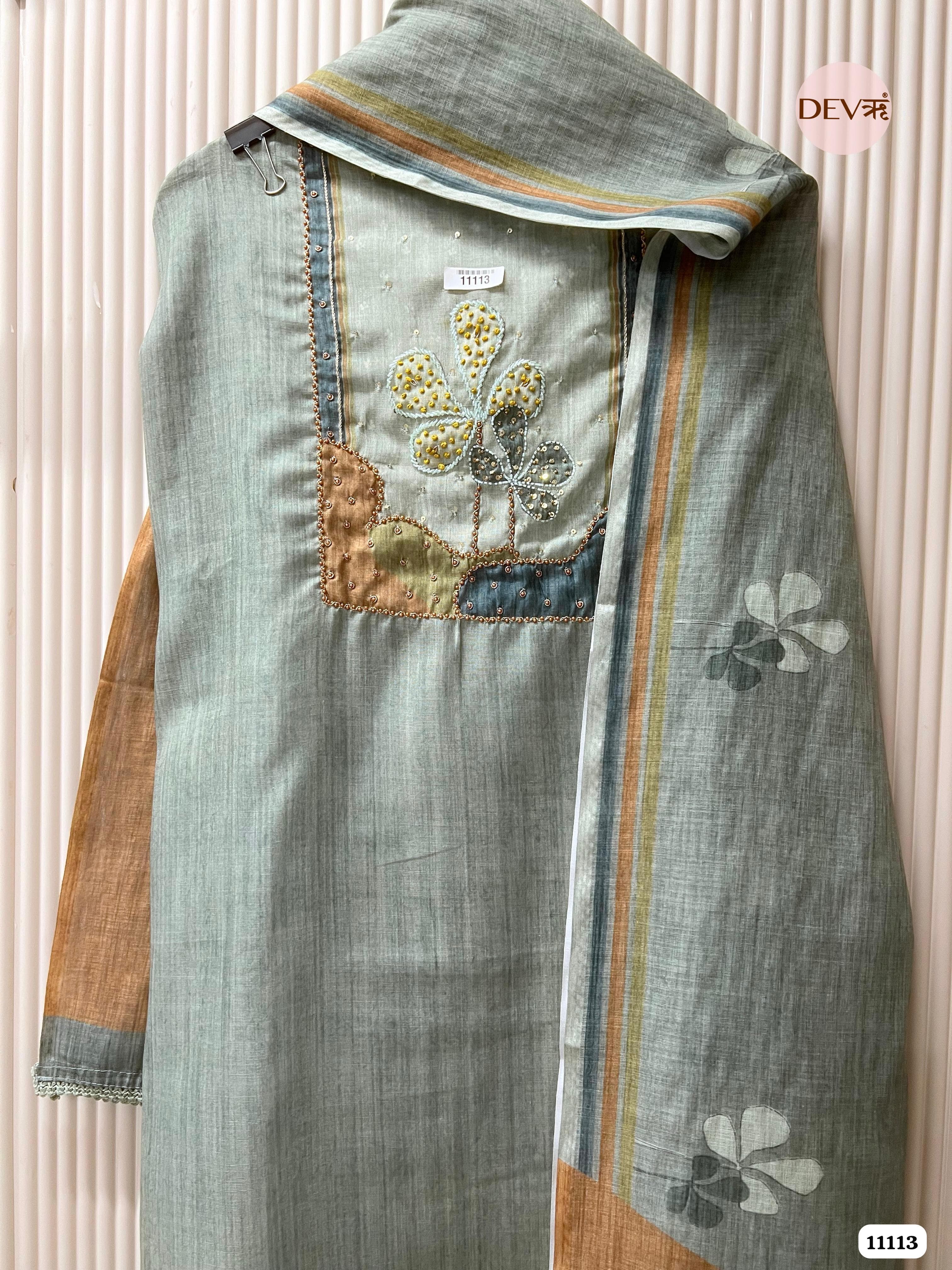 Grey Linen Printed Unstitched Hand Emboidered-Set Of 3
