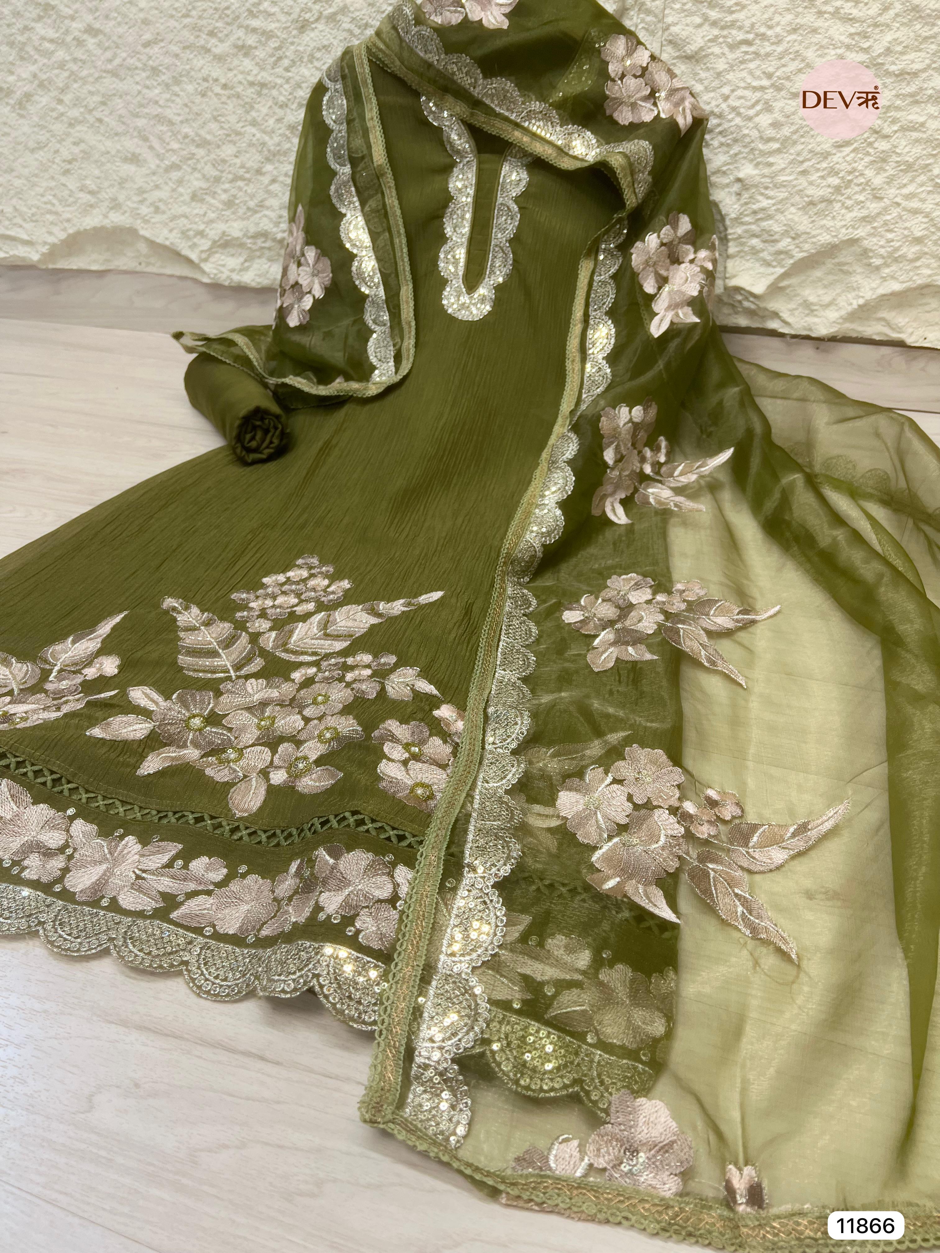 Green Tissue Crush Silk Unstitched Embroidered -Set Of 3 - {11866}