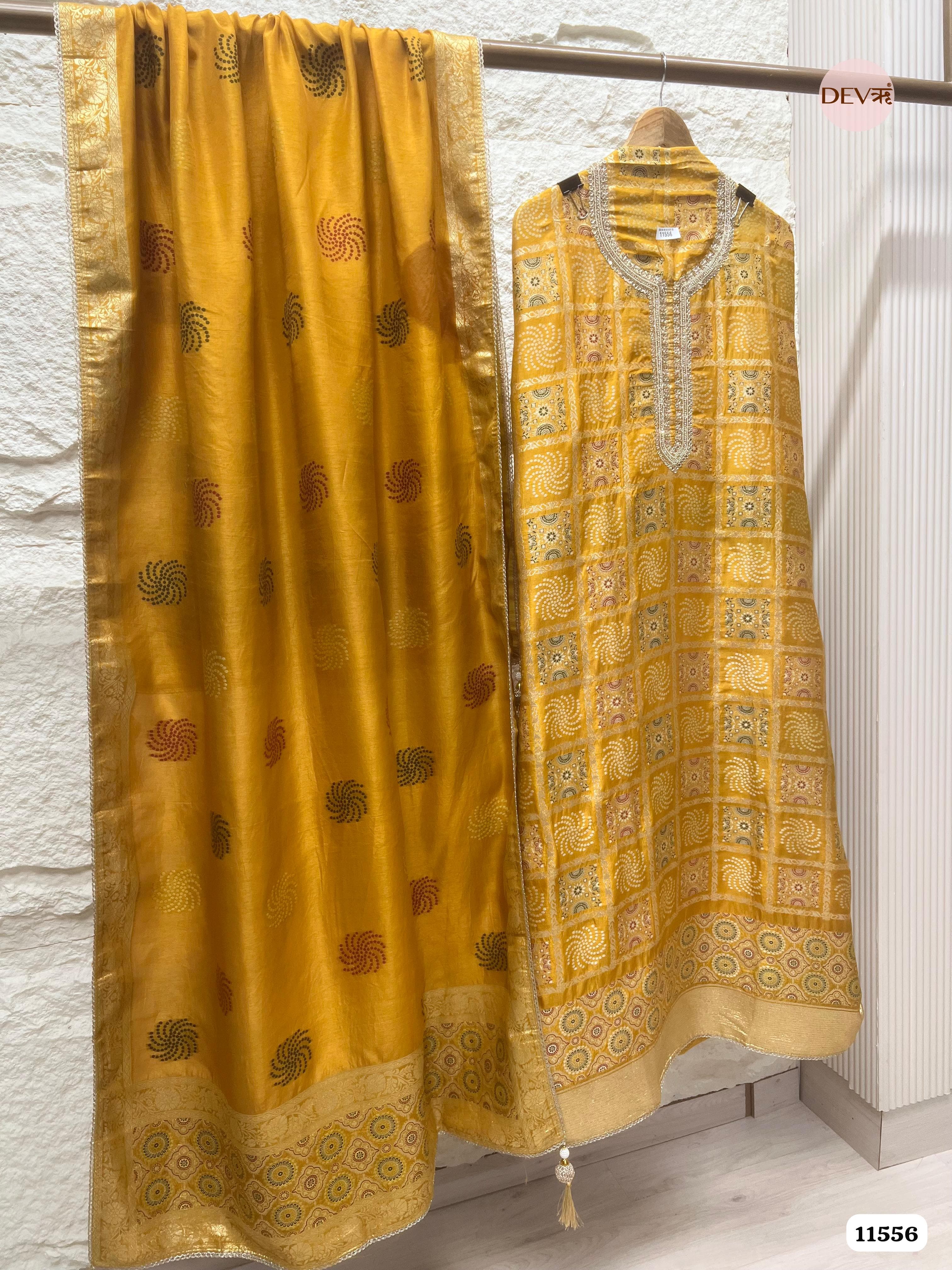 Mustard Yellow Pure Banarasi Silk Woven Unstitched Hand Embroidered -Set Of 3 {11556}