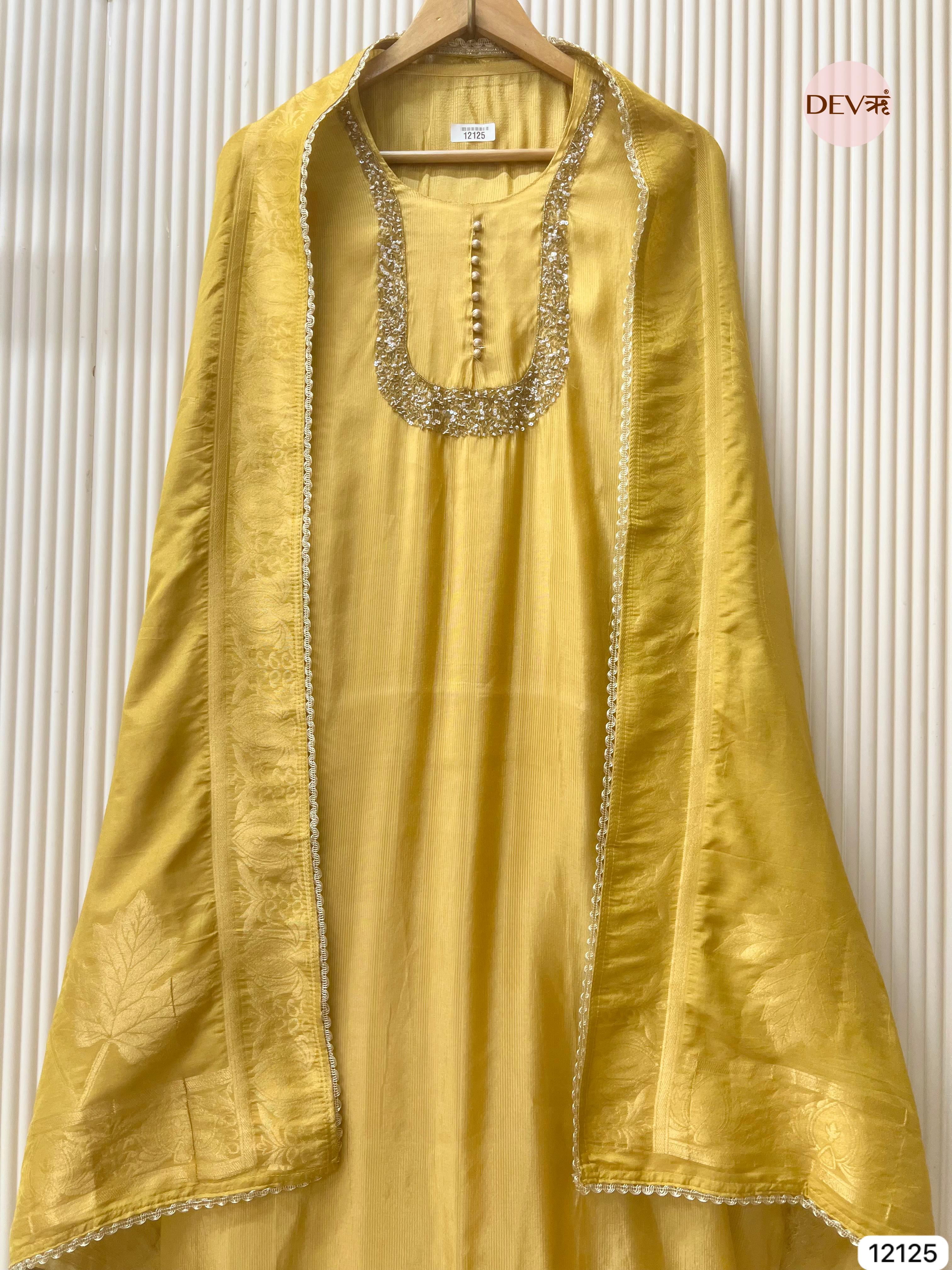 Yellow Shimmer Silk Unstitched Hand Embroidered -Set Of 3 - {12125}