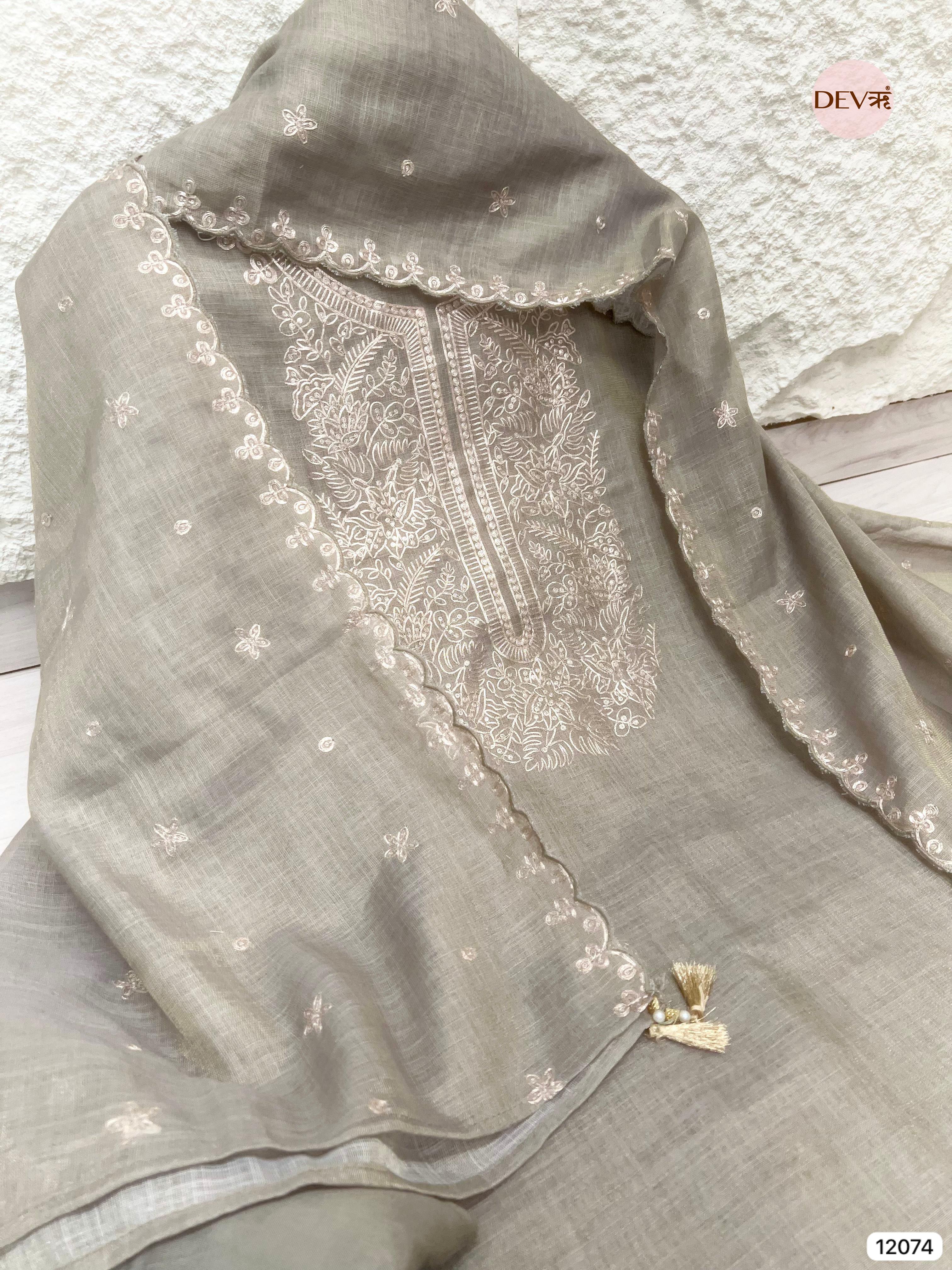 Beige Pure Linen Unstitched Zardosi Embroidered -Set Of 3 - {12074}