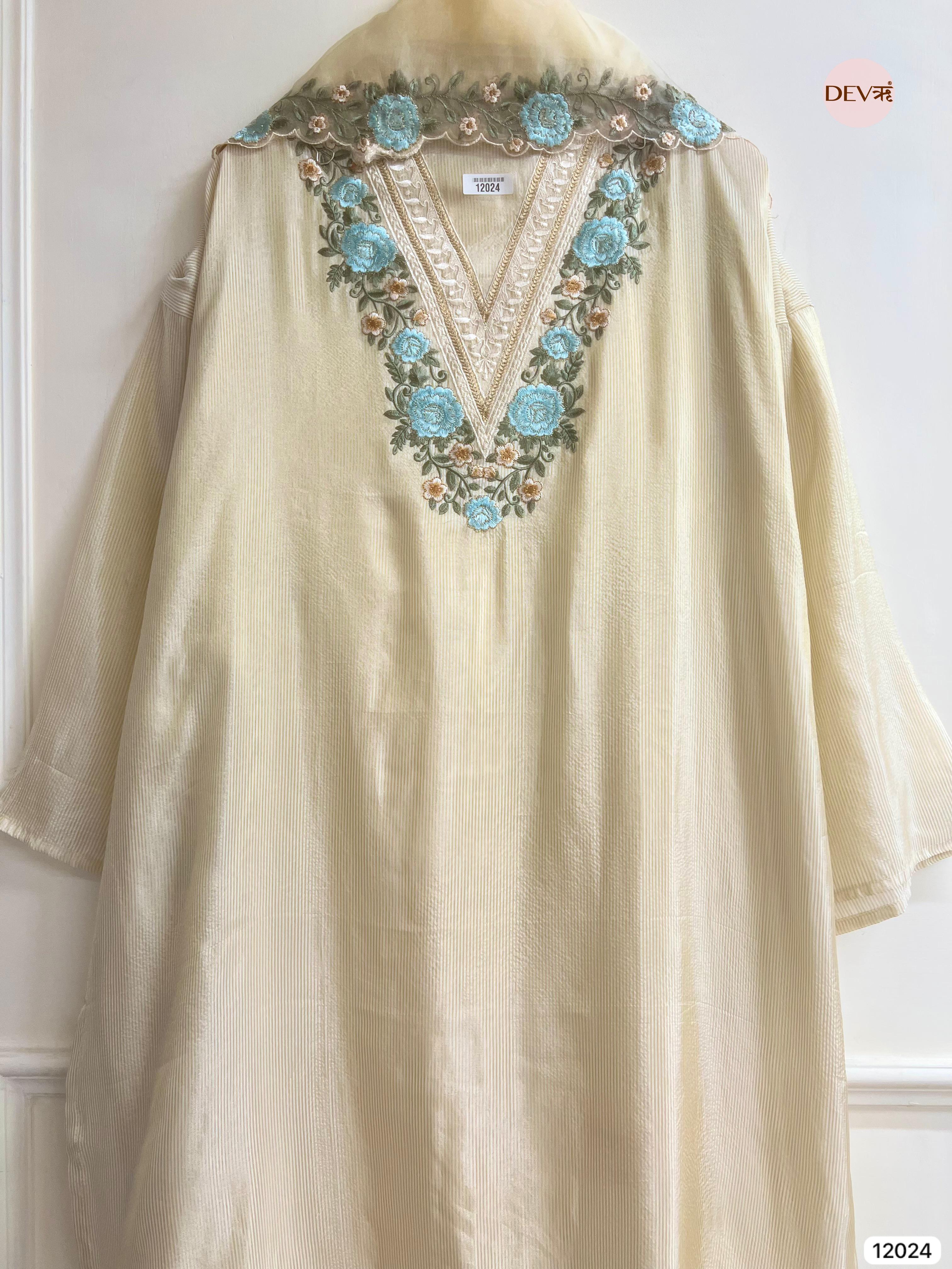 Off White Tissue Shimmer Silk Semi Stitched Embroidered -Set Of 3 - {12024}
