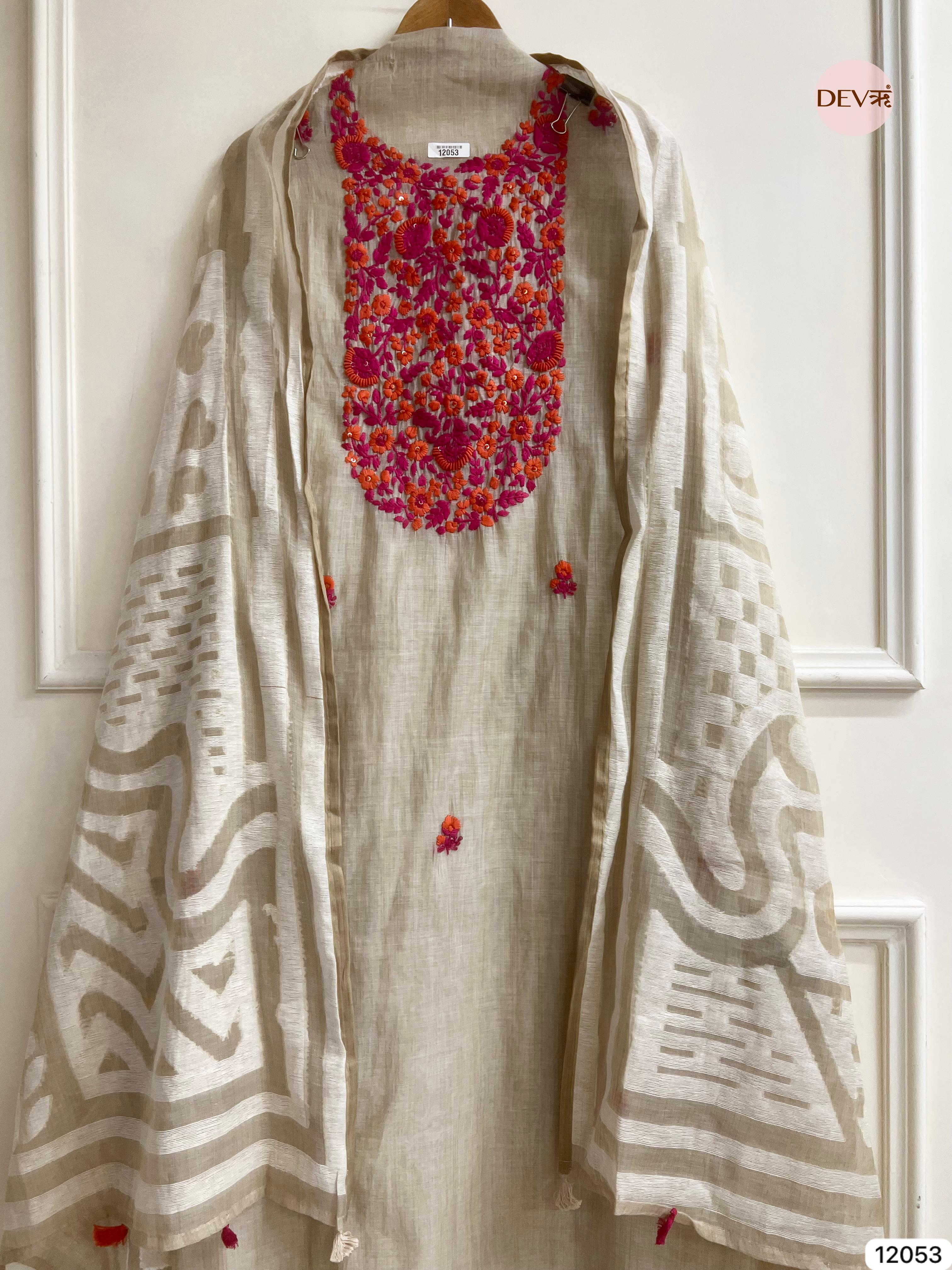 Of White Pure Khadi Silk Unstitched Embroidered -Set Of 3 - {12053}