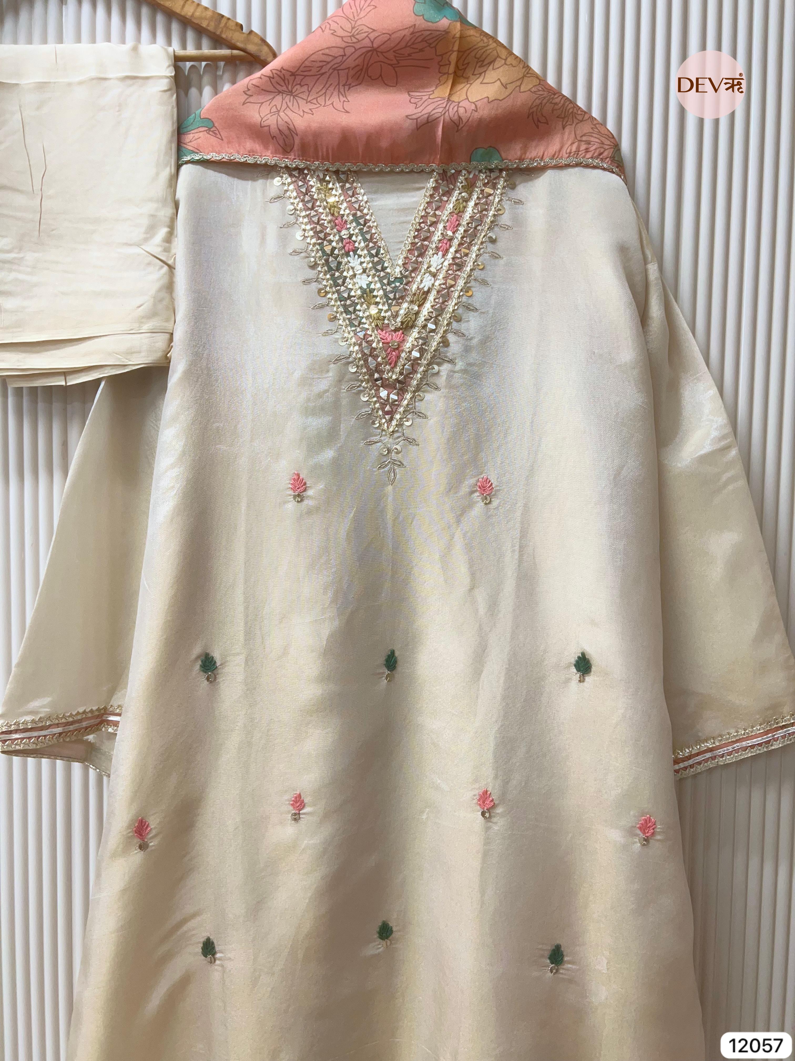 Cream Colour Tissue Shimmer Silk Semi Stitched Hand Embroidered -Set Of 3 - {12057}