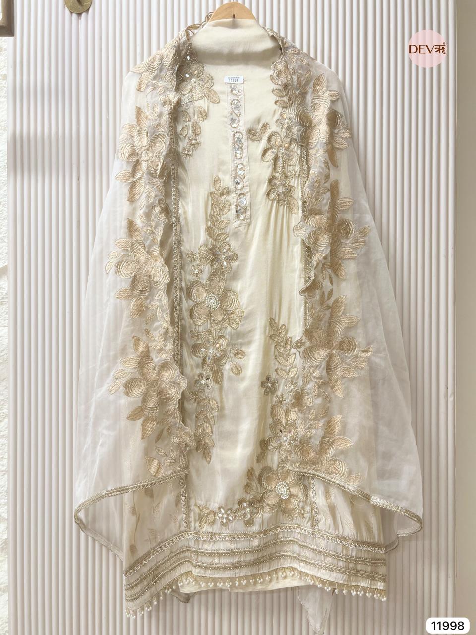 Beige Tissue Shimmer Silk Unstitched Embroidered -Set Of 3 - 11998