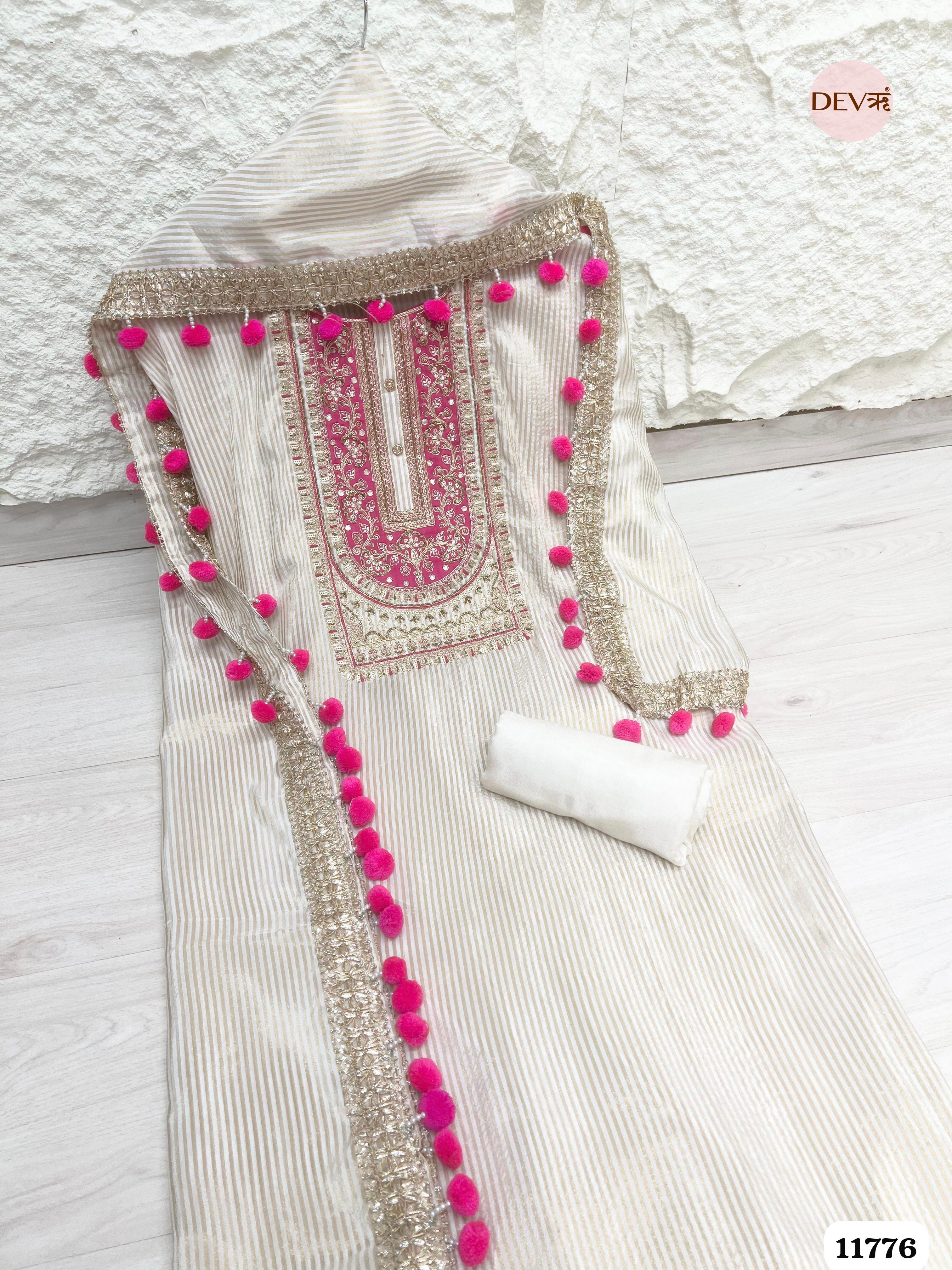 White Tissue Silk Unstitched Hand Embroidered -Set Of 3 {11776}