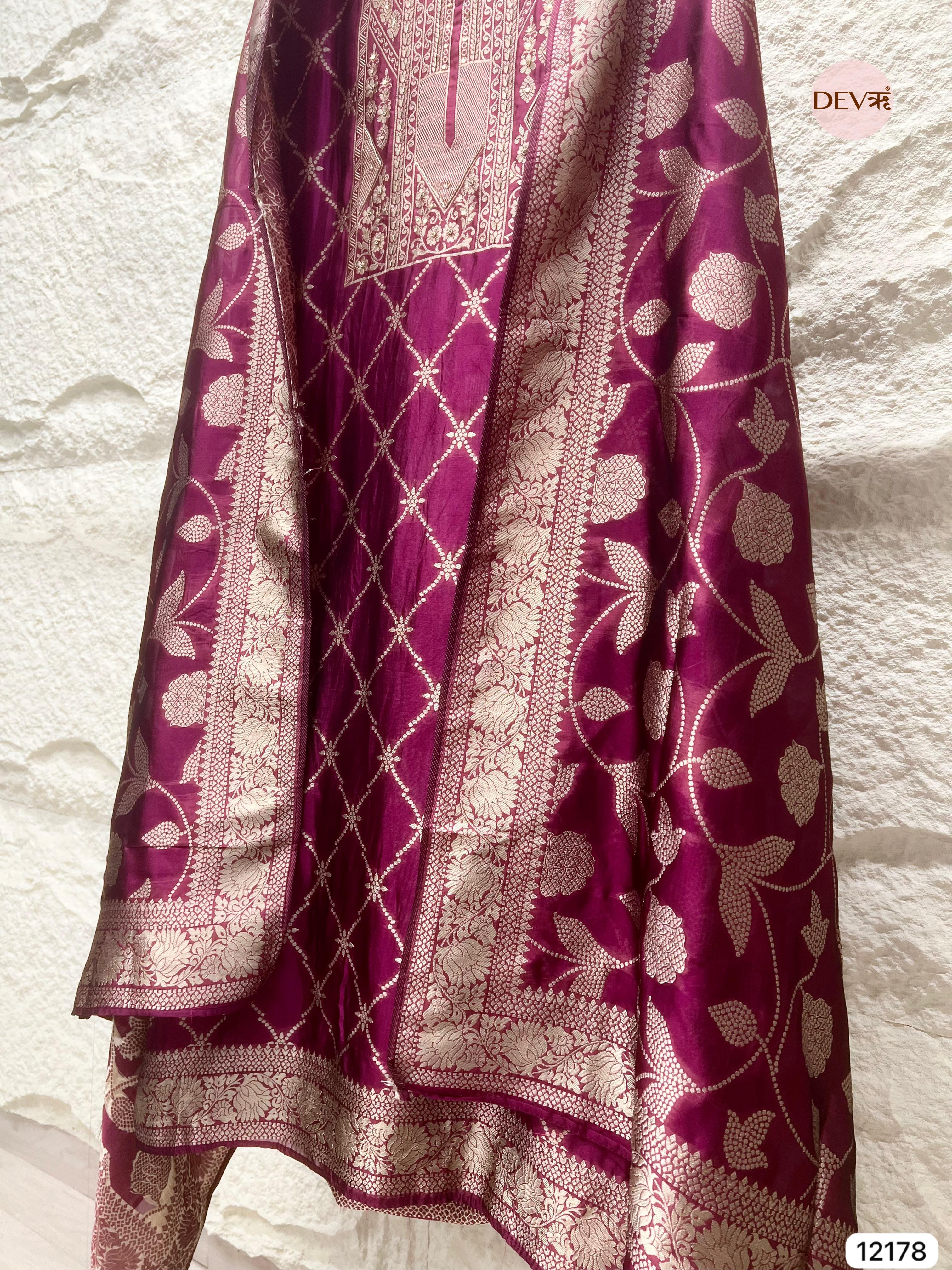 Magenta Pink Pure Banarasi Silk Unstitched Hand Embroidered-Set of 3 - {12178}