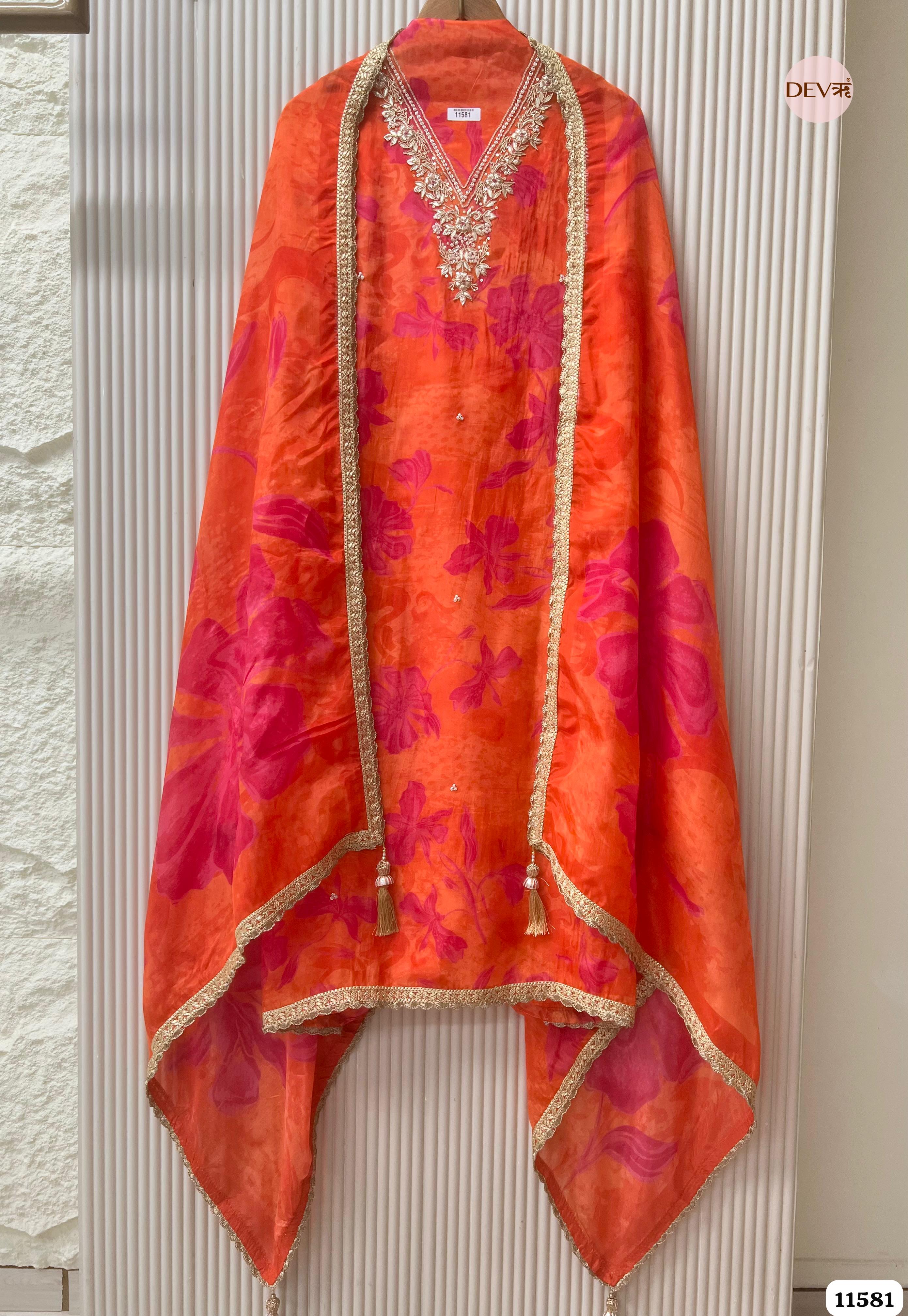 Orange Pure Organza Silk Printed Unstitched Hand Embroidered -Set Of 3 {11581}