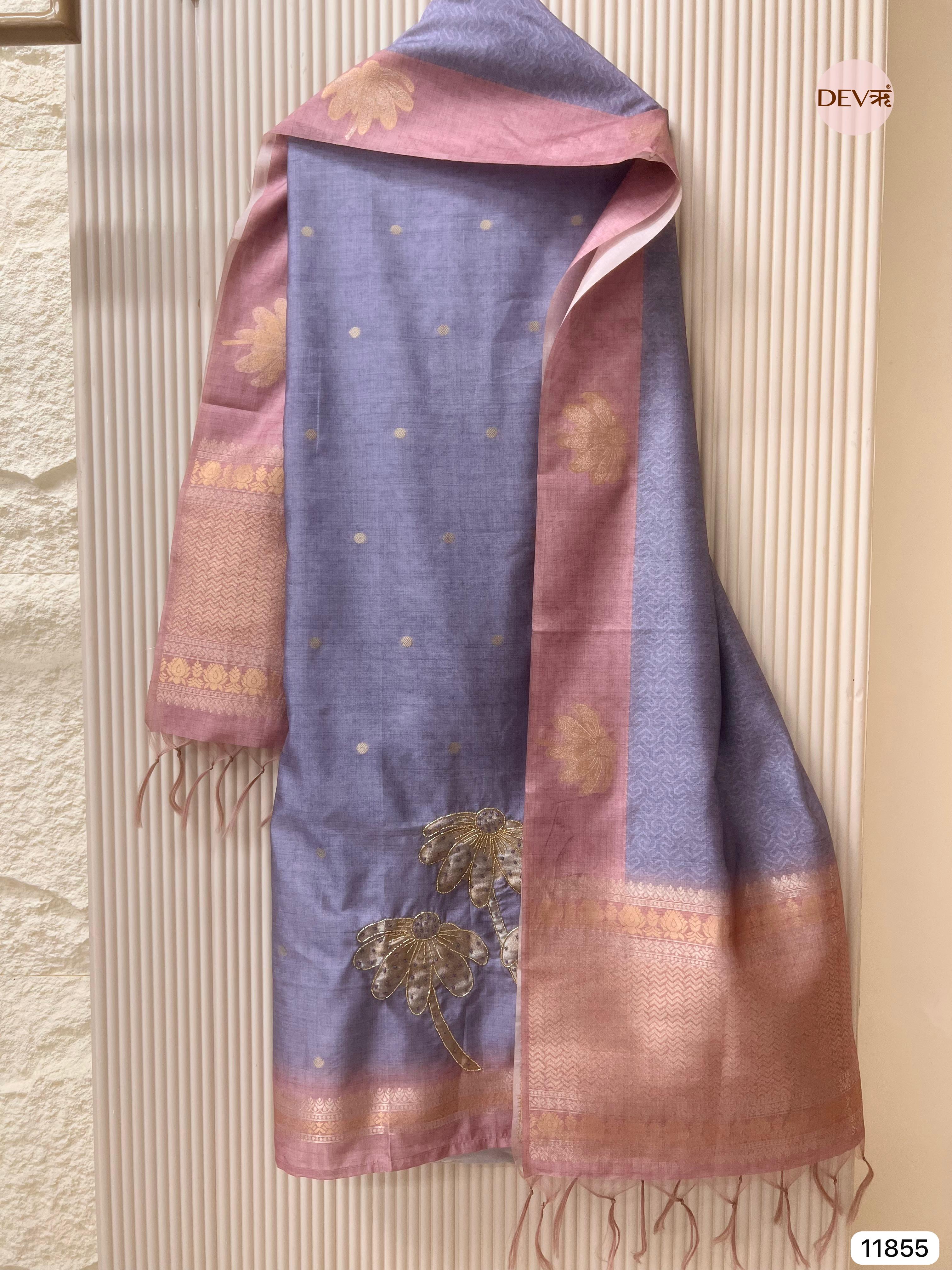 Purple Banarasi silk unstitched woven hand embroidered -Set Of 3- {11855}