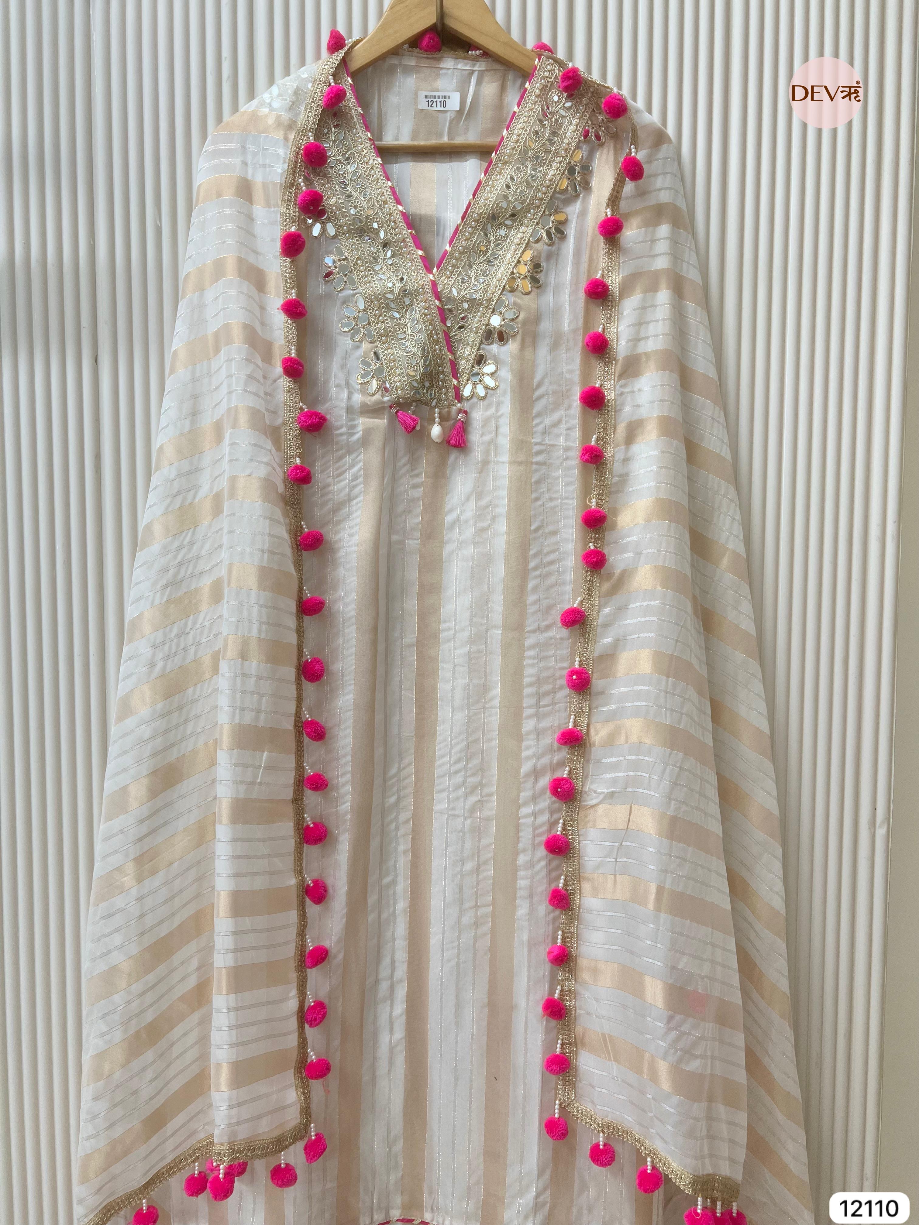 Cream Colour Tissue Shimmer Silk Unstitched Hand Embroidered -Set Of 3 - {12110}