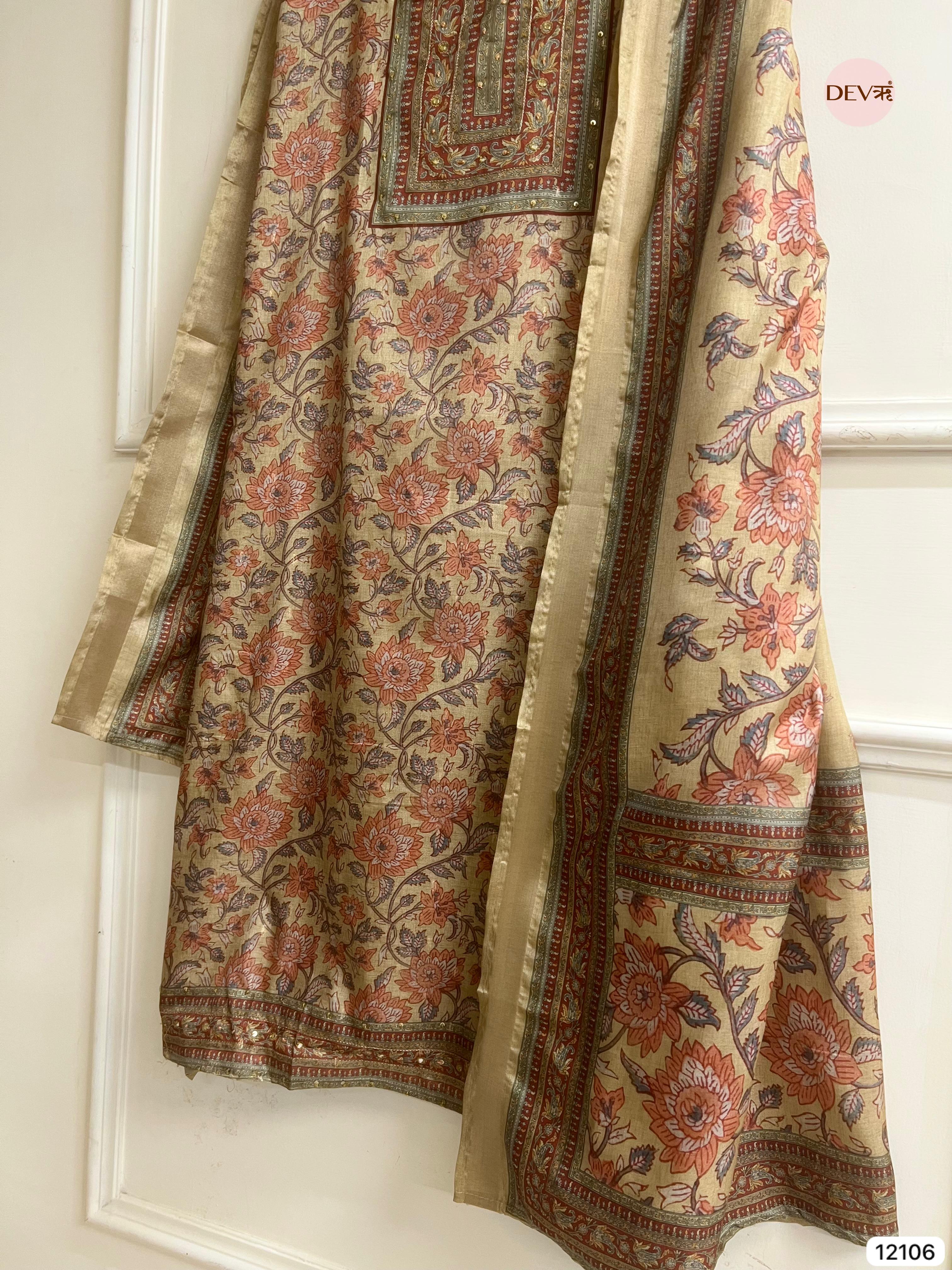 Multi Colour Tisser Khadi Silk Printed Unstitched Hand Embroidered -Set Of 3 - {12106}