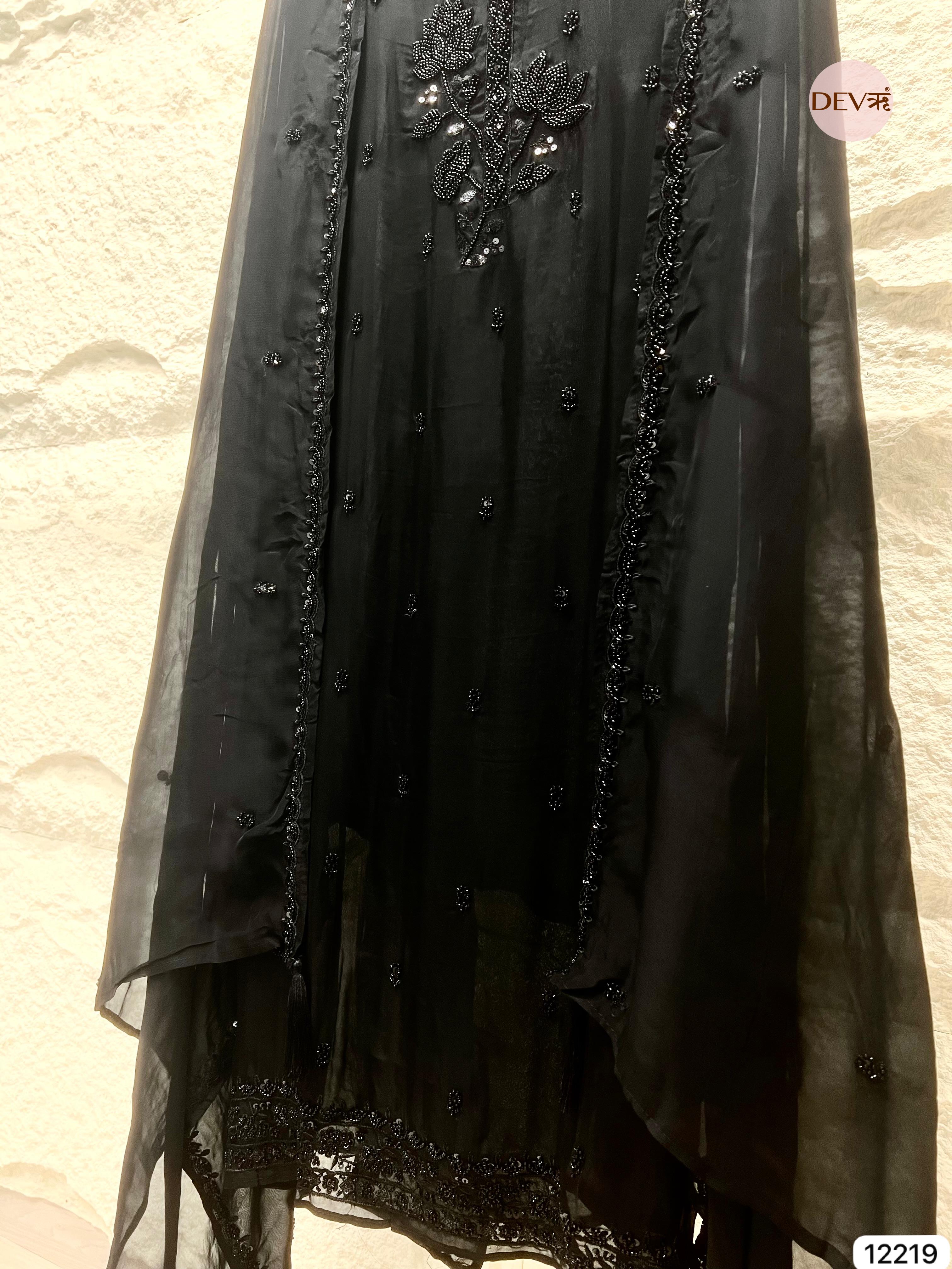 Elegant Black Organza Hand-Embroidered Unstitched 3-Piece Suit (Devri – D.No 12219)