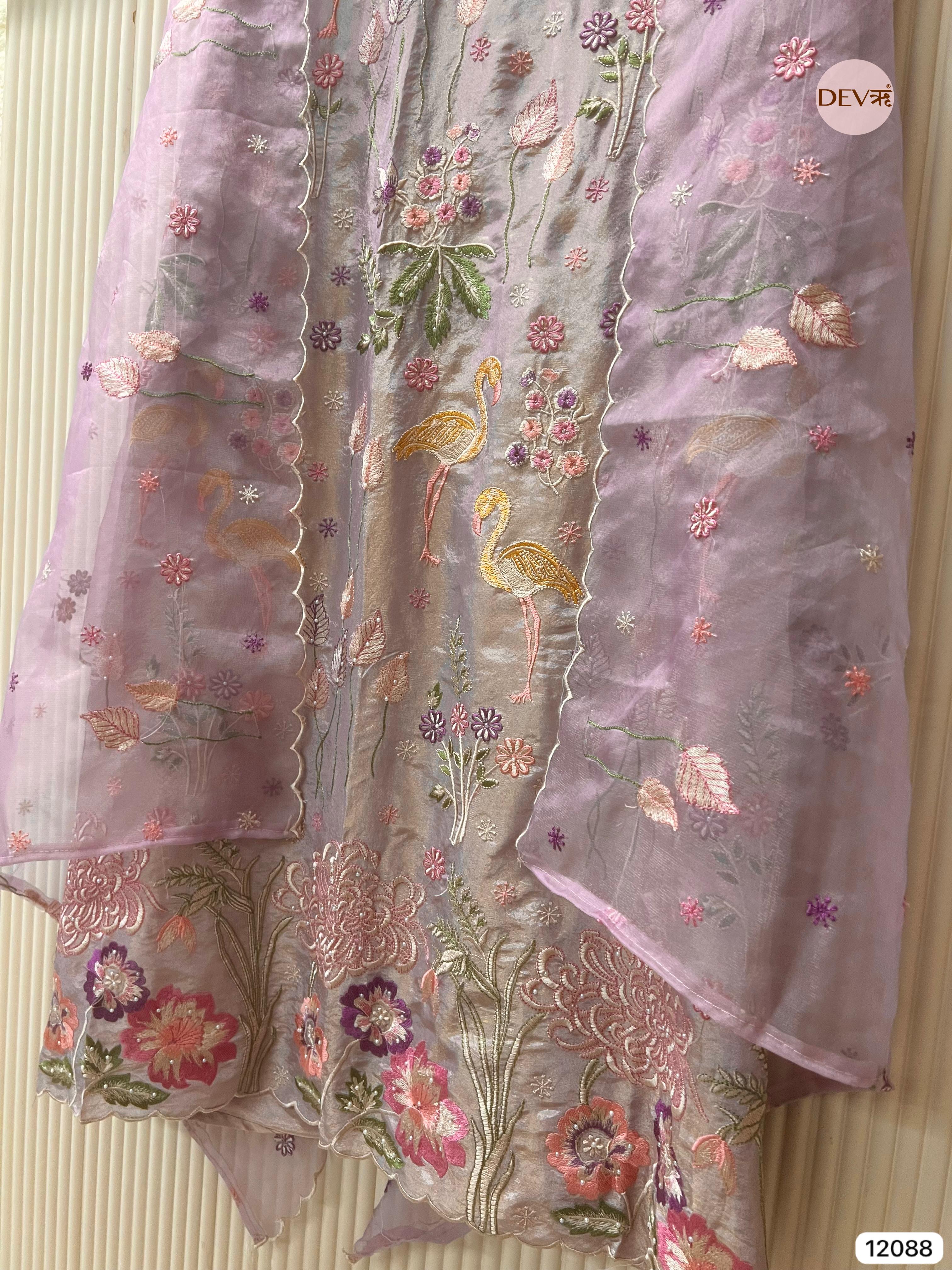 Light Purple Shimmer Tissue Silk Unstitched Embroidered -Set Of 3 - {12088}
