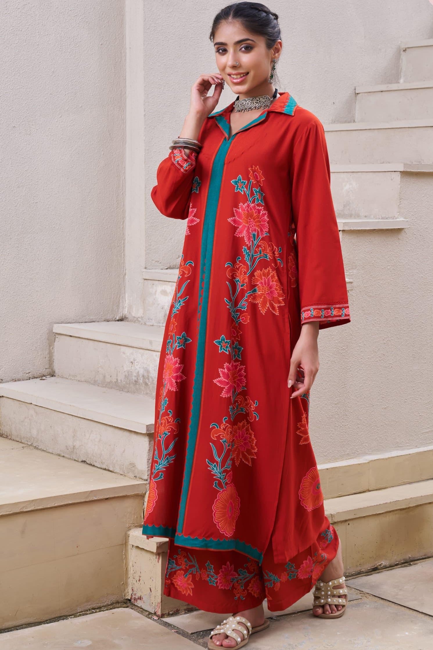 Rust orange Printed Co-ord Set  Of 2 - {1050}