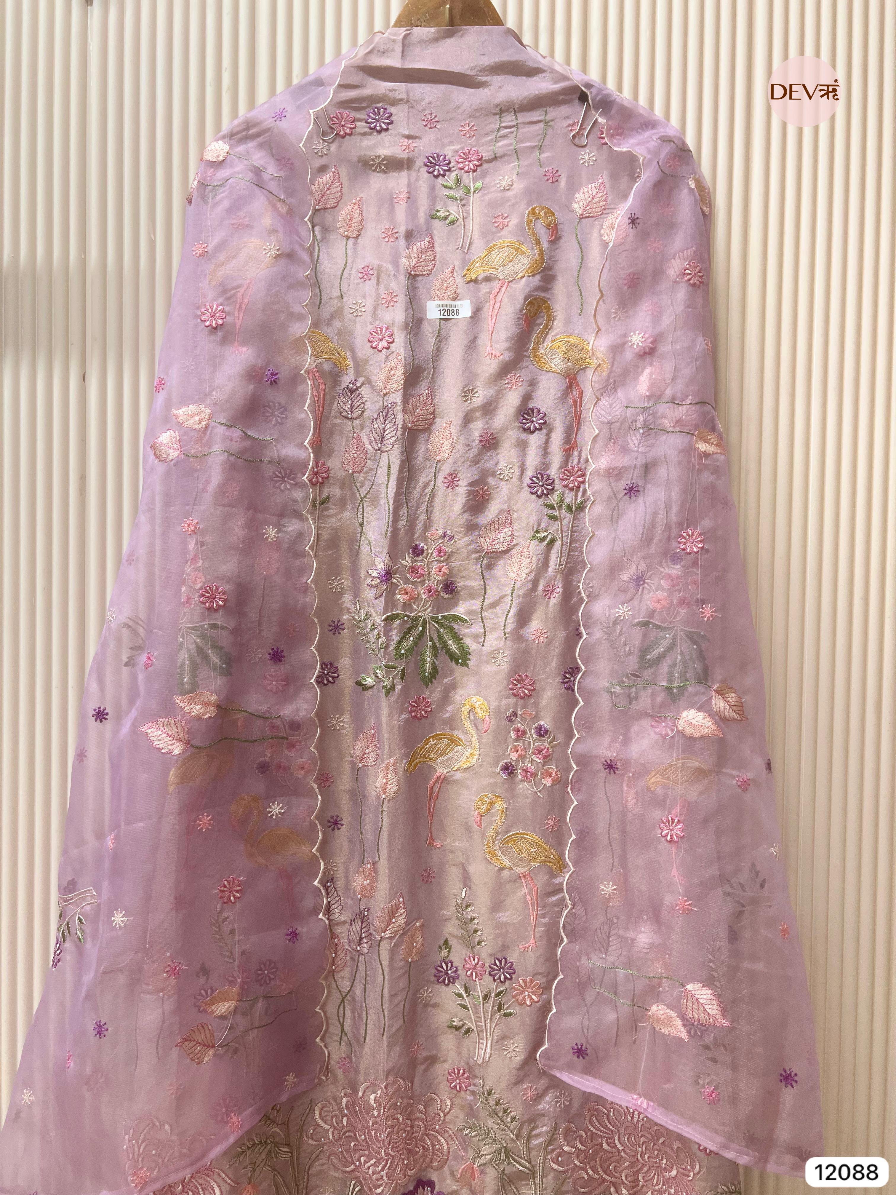 Light Purple Shimmer Tissue Silk Unstitched Embroidered -Set Of 3 - {12088}