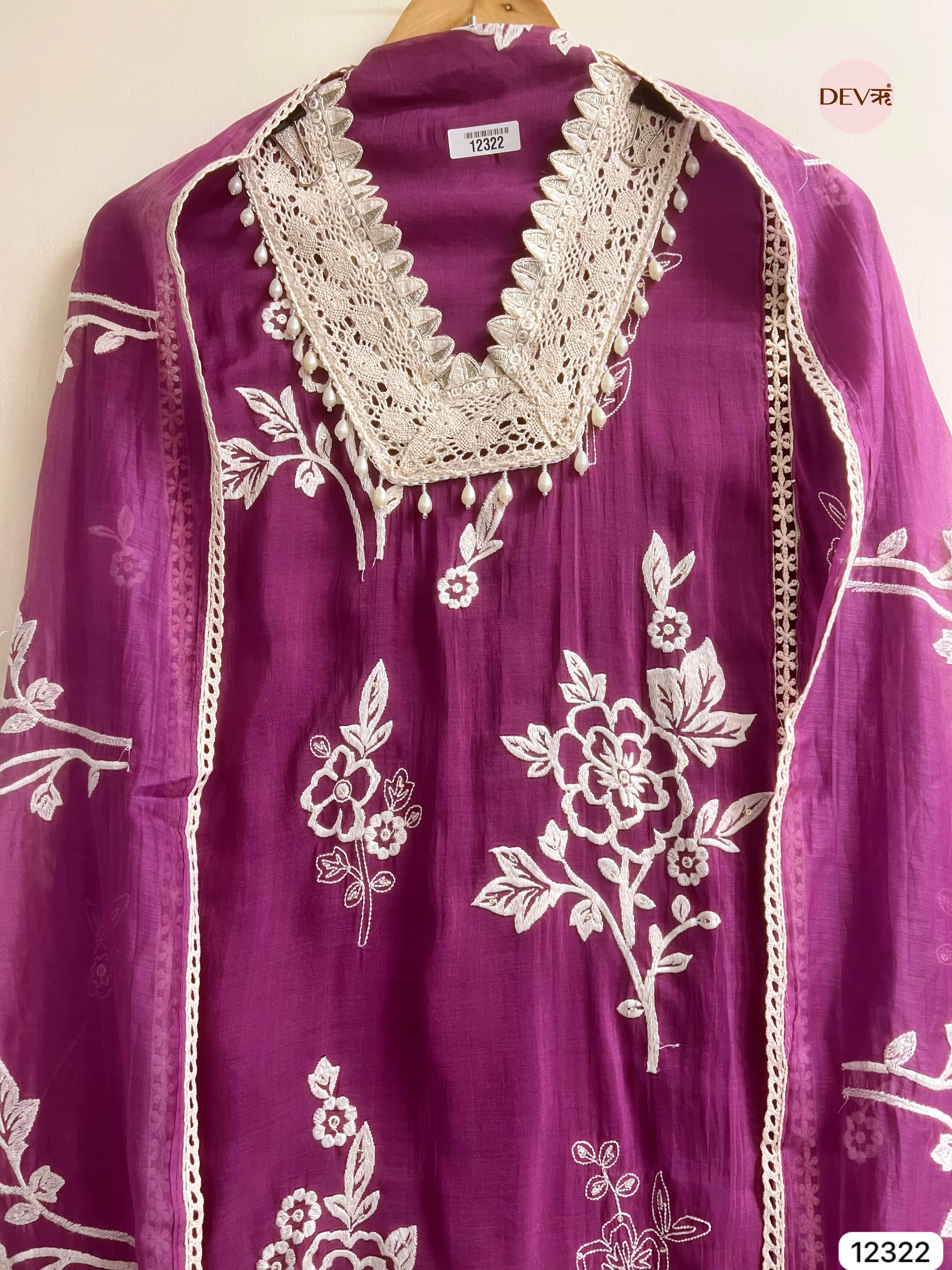 Royal Plum Mul Chanderi Embroidered Unstitched 3-Piece Suit (Devri – D.No 12322)