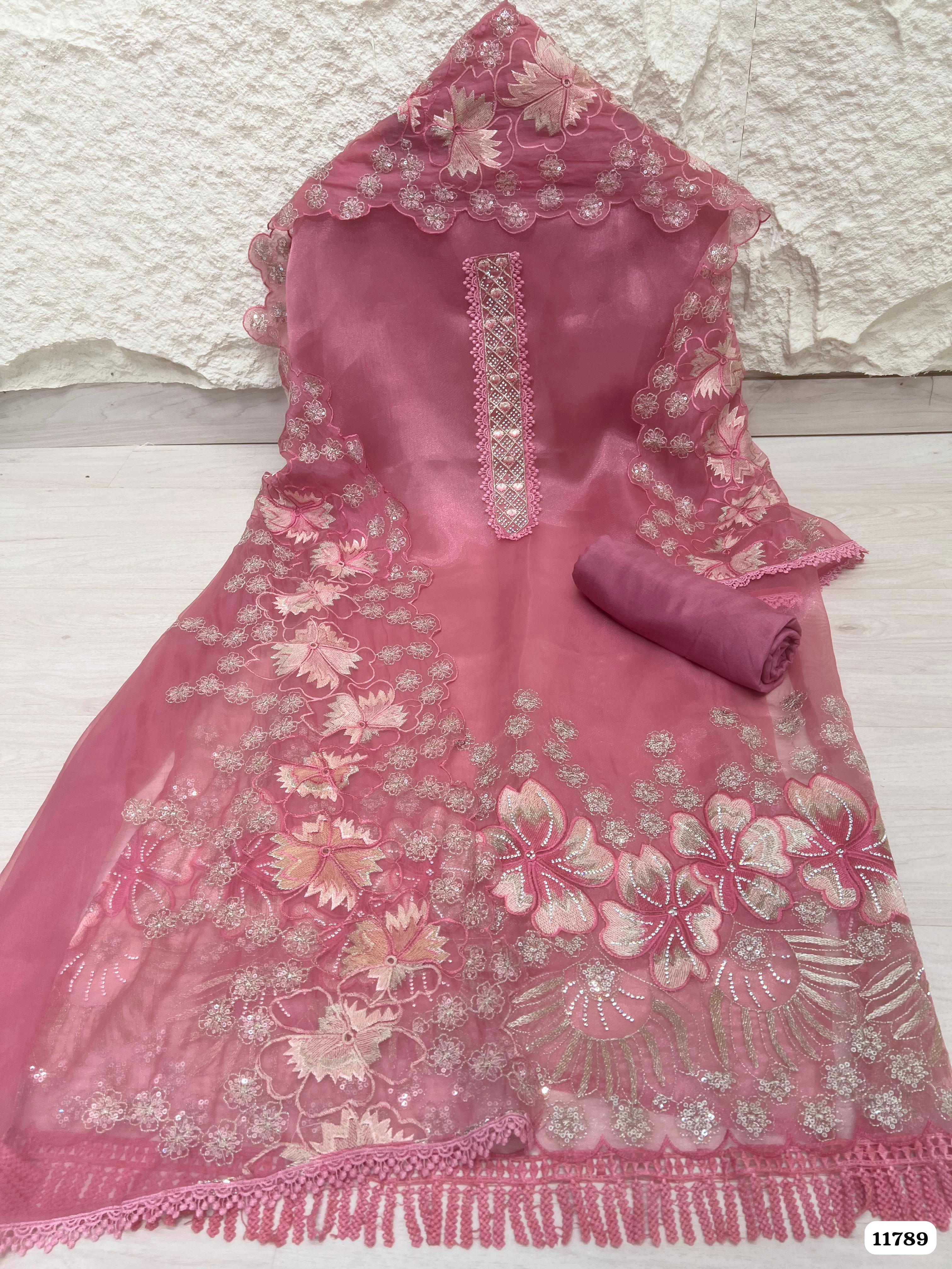 Pink Tissue Silk Unstitched Embroidered -Set Of 3 {11789}