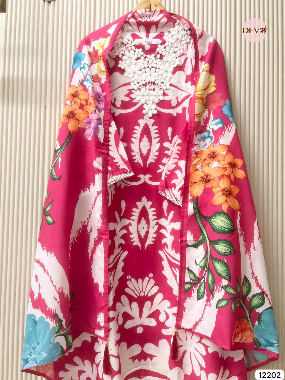 Pink Muslin Printed Unstitched 3-Piece Suit (Devri – D.No 12202)