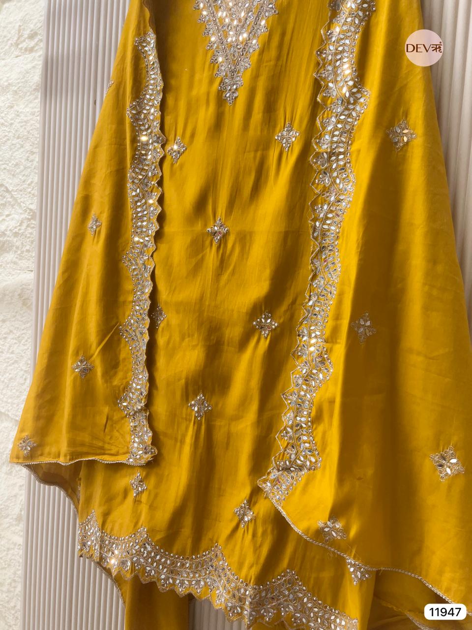 Yellow Modal Silk Unstitched Hand Embroidered -Set Of 3 - {11947}