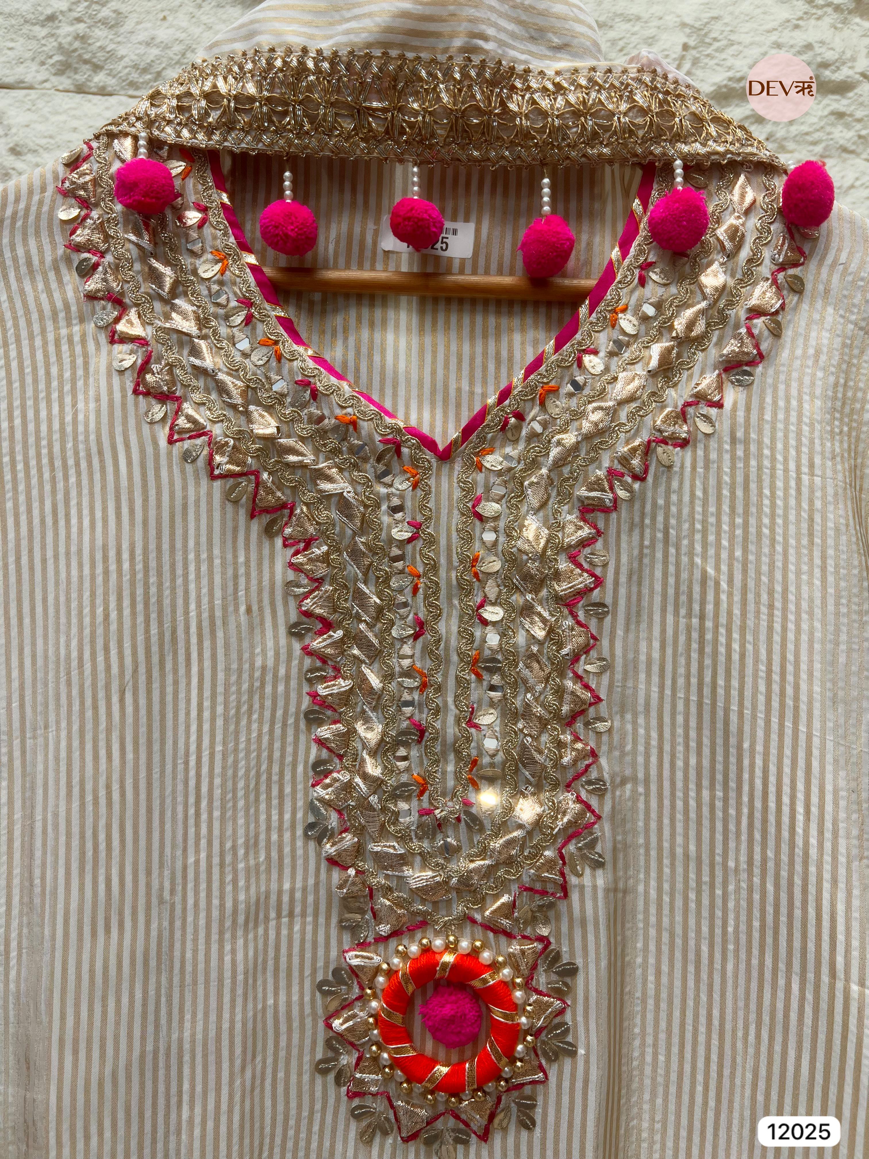 Cream colour Tissue Shimmer Silk Unstitched Gota Patti Hand Embroidered -Set Of 3 - {12025}