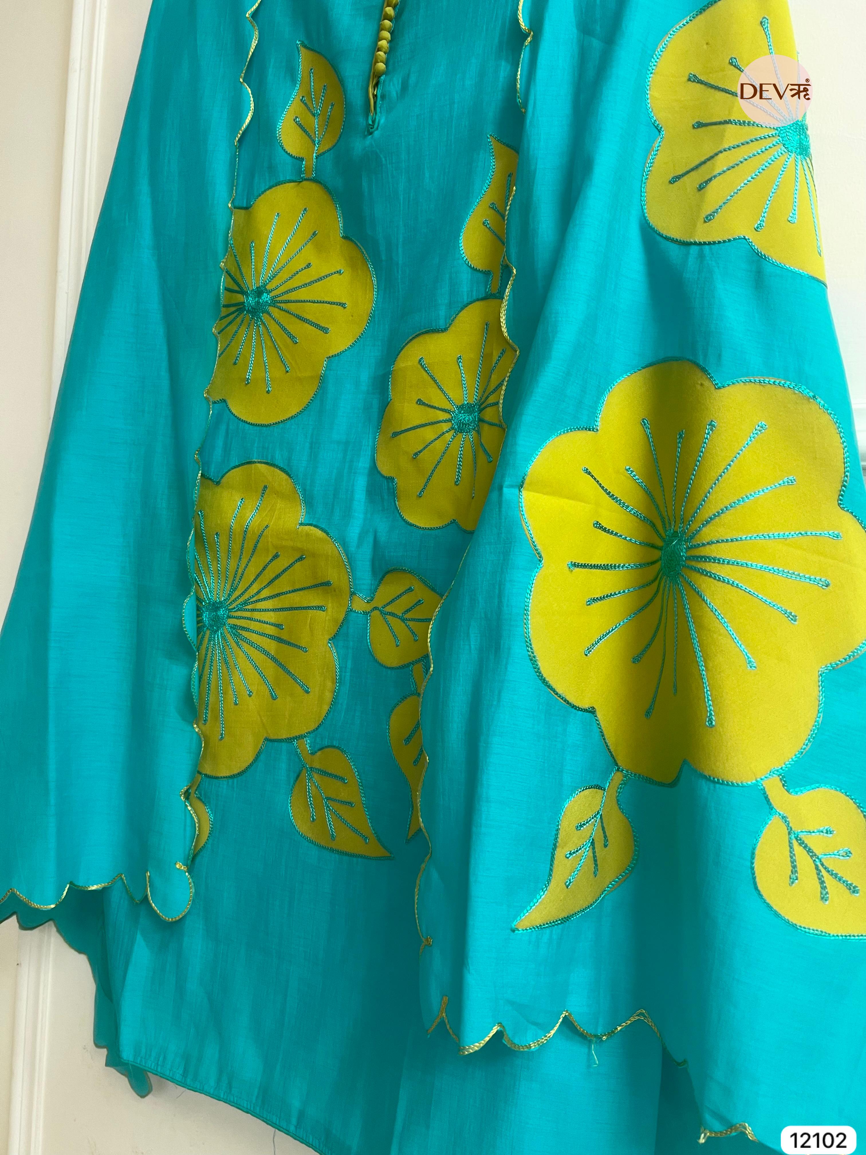 Blue Modal Silk Unstitched Applique Embroidered -Set Of 3 - {12102}