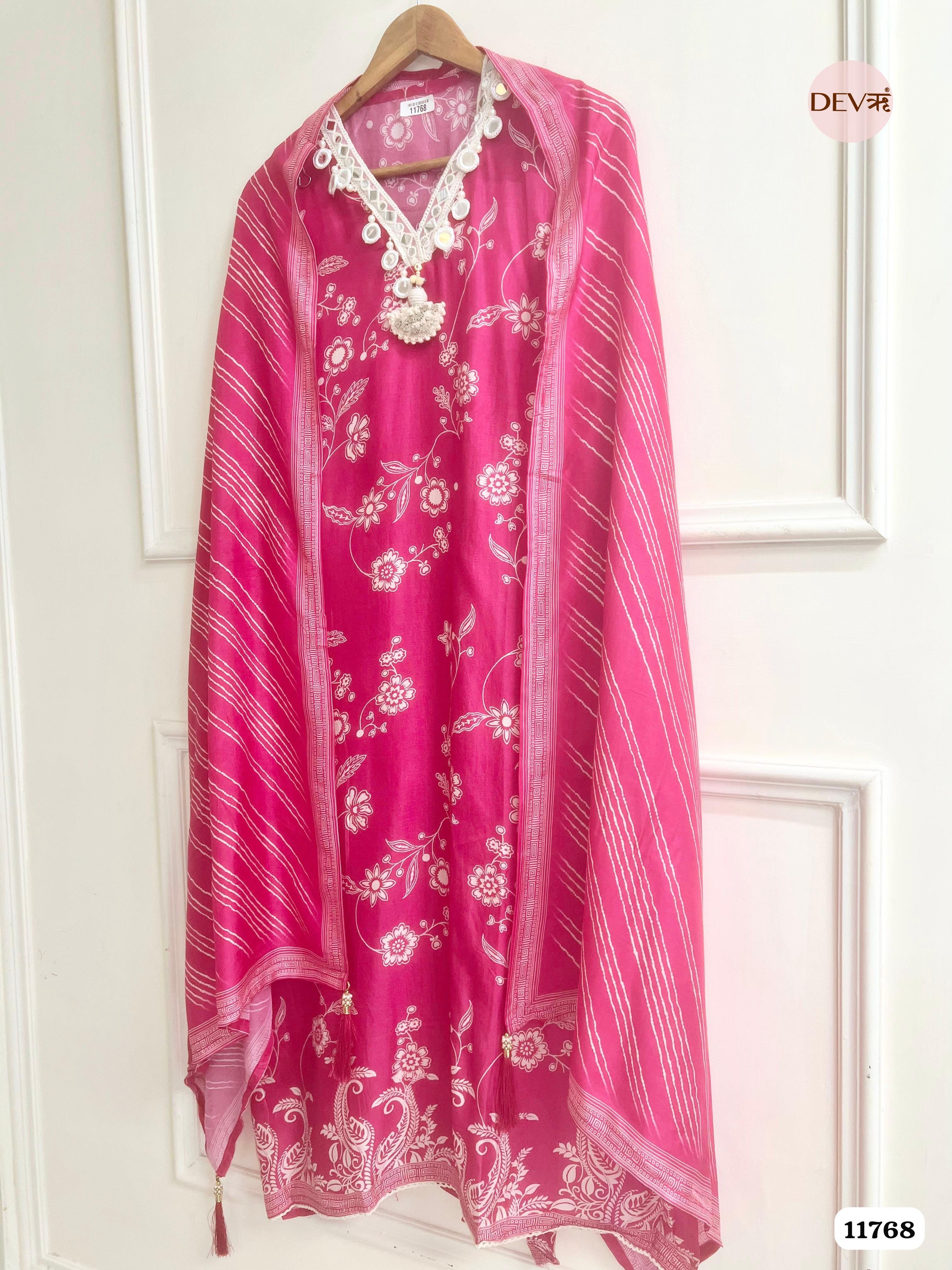 Pink Russian Silk Unstitched Printed Hand Embroidered -Set Of 3 {11768}