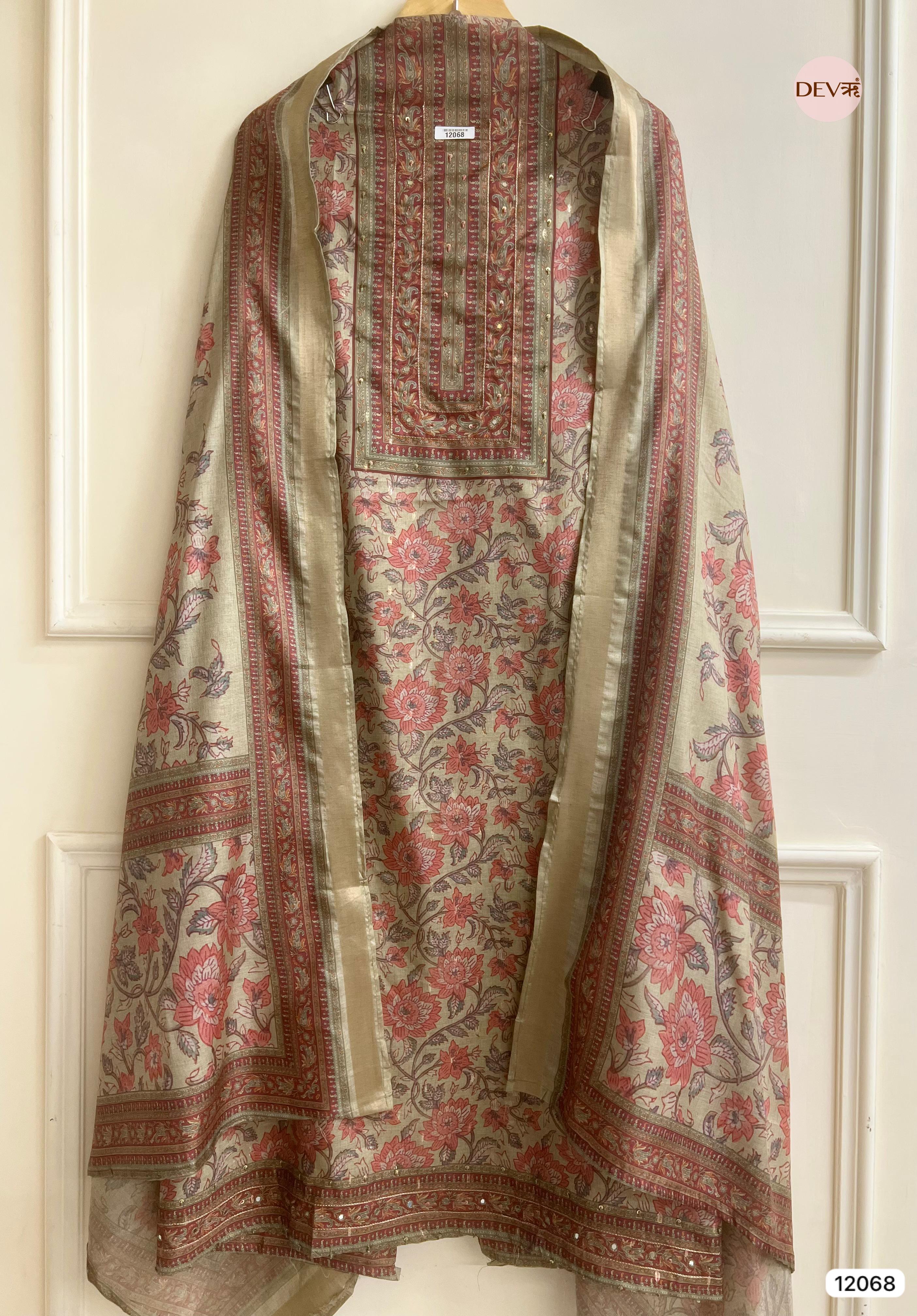 Multi Colour Tusser Khadi Silk Printed Unstitched Hand Embroidered -Set Of 3 - {12068}