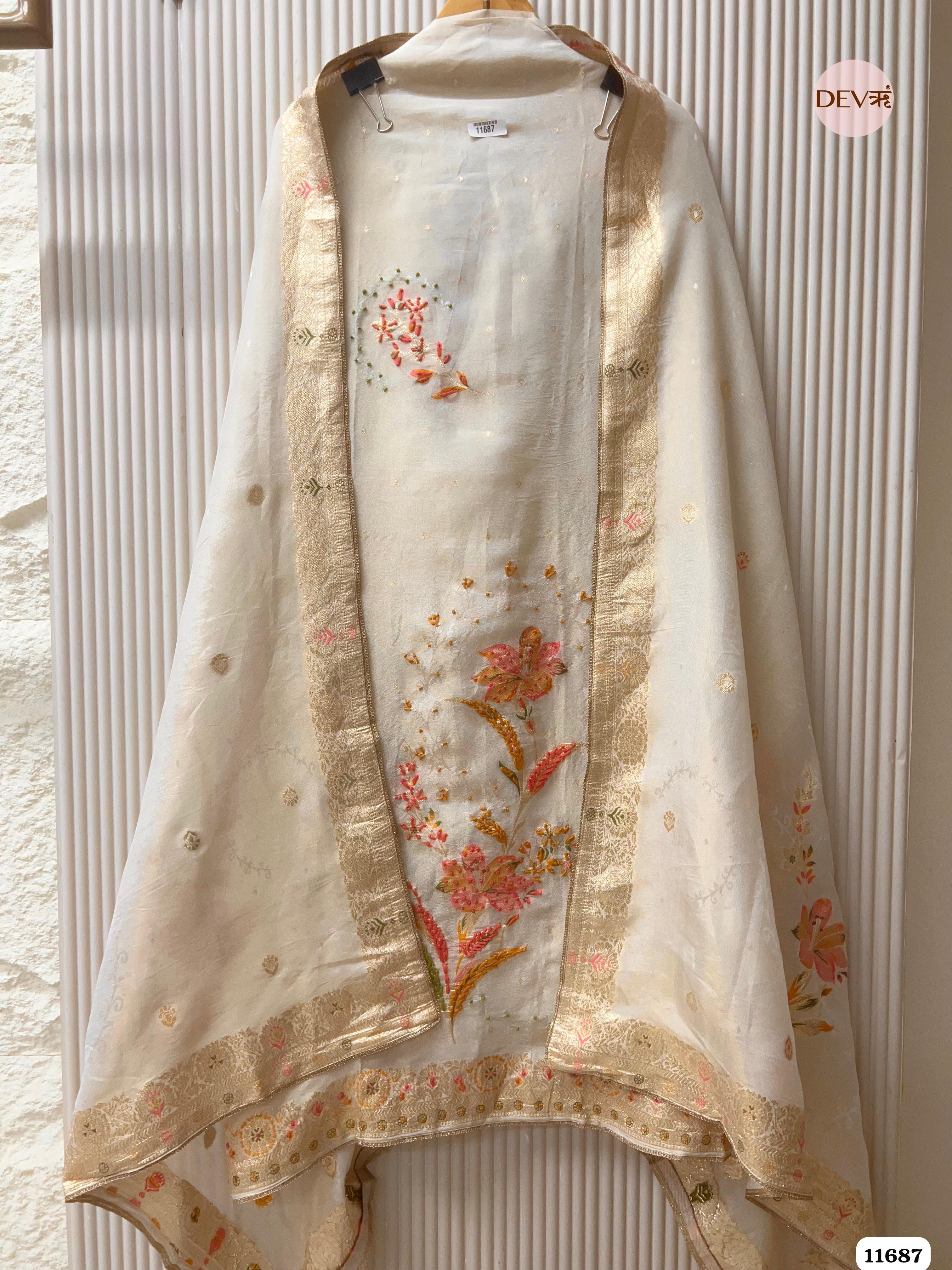 Off white Burberry Silk Unstitched Woven Embroidered -Set Of 3 {11687}