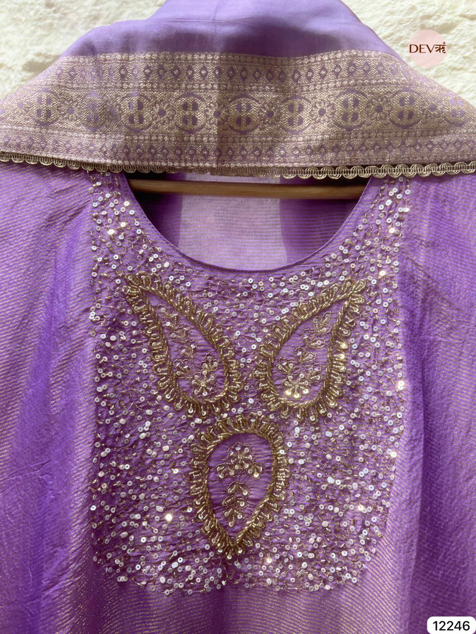 Lavender Tissue Shimmer Silk Embroidered Unstitched 3-Piece Suit (Devri – D.No 12246)