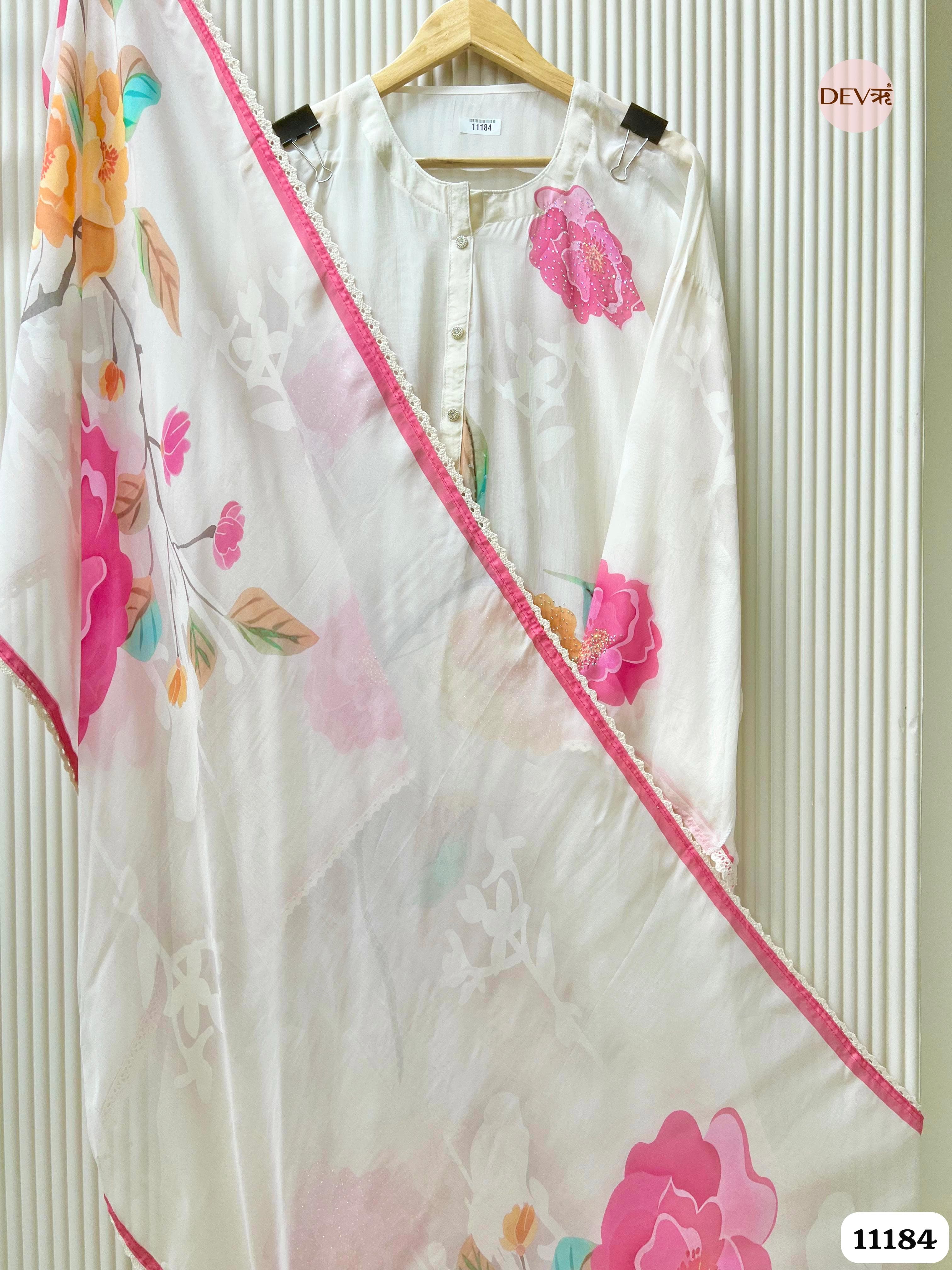 White Organza Printed Semi Stitched -Set Of 3 {11184}