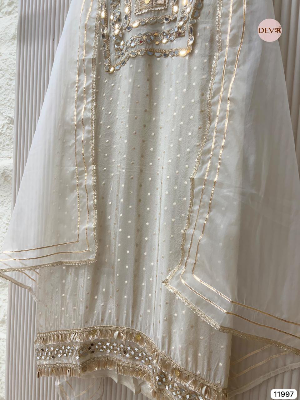 Cream Colour Tissue Shimmer Silk Hand Embroidered -Set Of 3 - {11997}