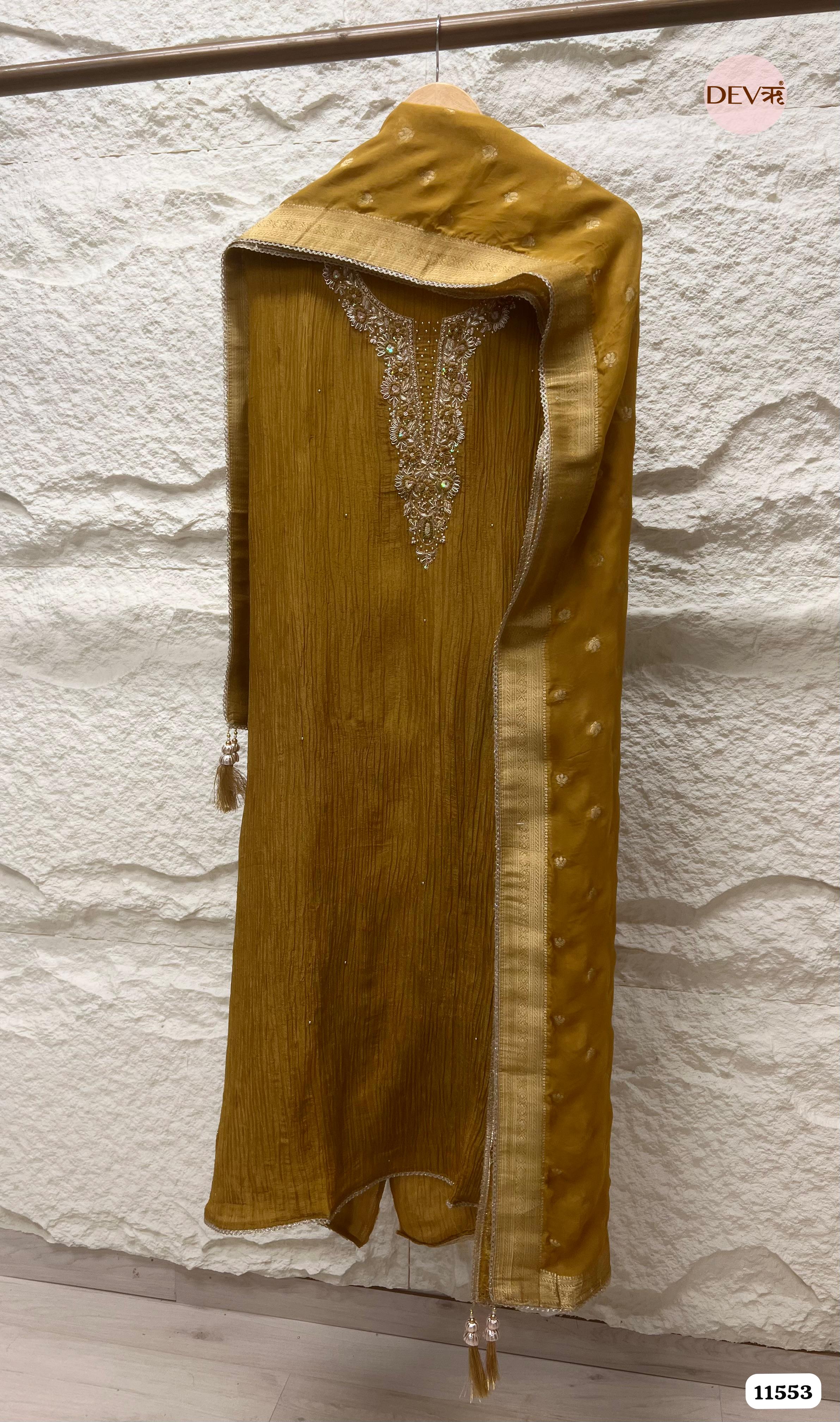 Mustard Yellow Pure Tissue Crush Silk Unstitched Hand Embroidered -Set Of 3 {11553}