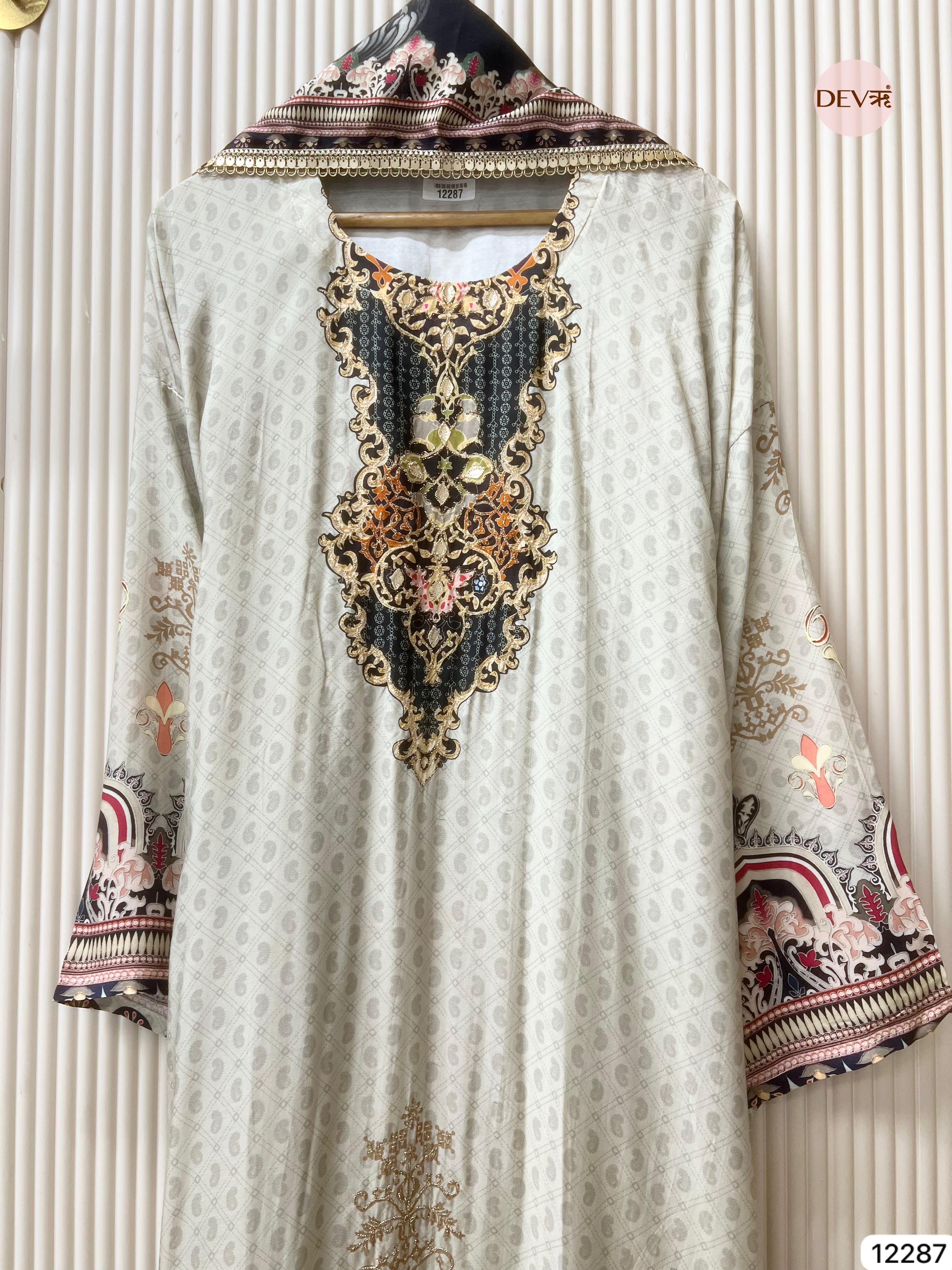 Ivory Muslin Printed Unstitched 3-Piece Suit (Devri – D.No 12287)
