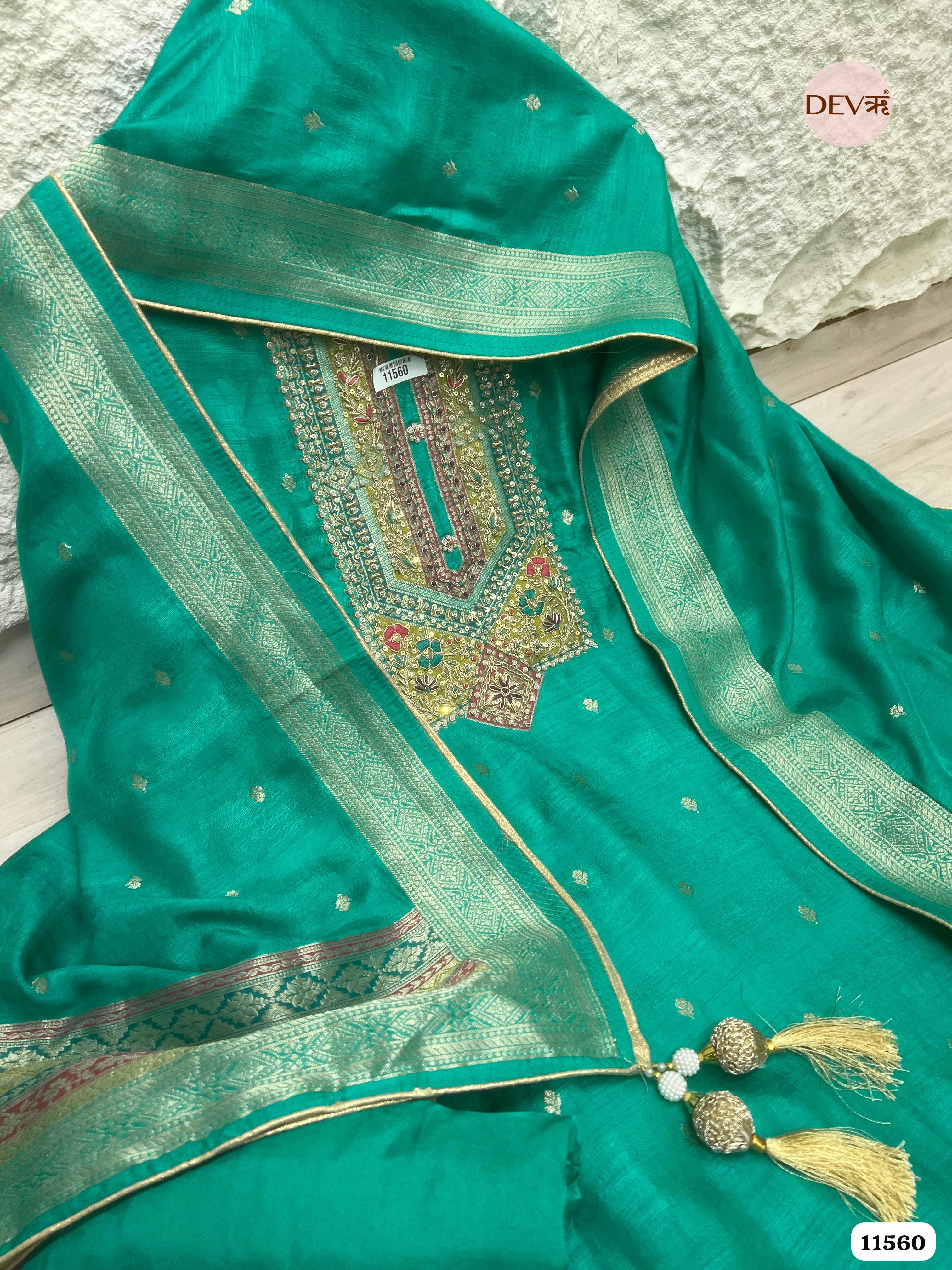 Green Silk Banarasi Weave Unstitched Hand Embroidered -Set Of 3 {11560}