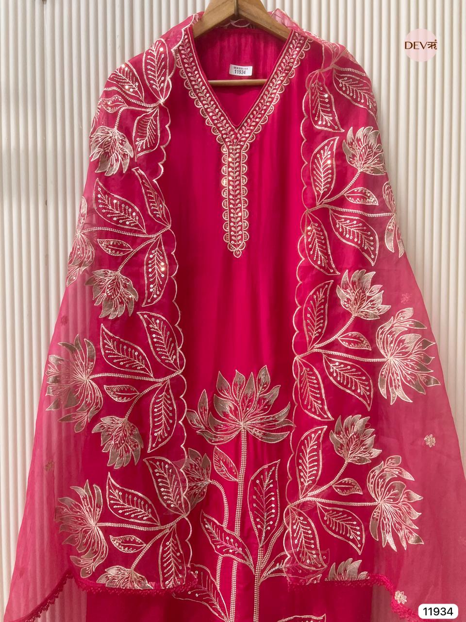 Pink Glass Tissue Silk Unstitched Embroidered -Set Of 3 - {11934}