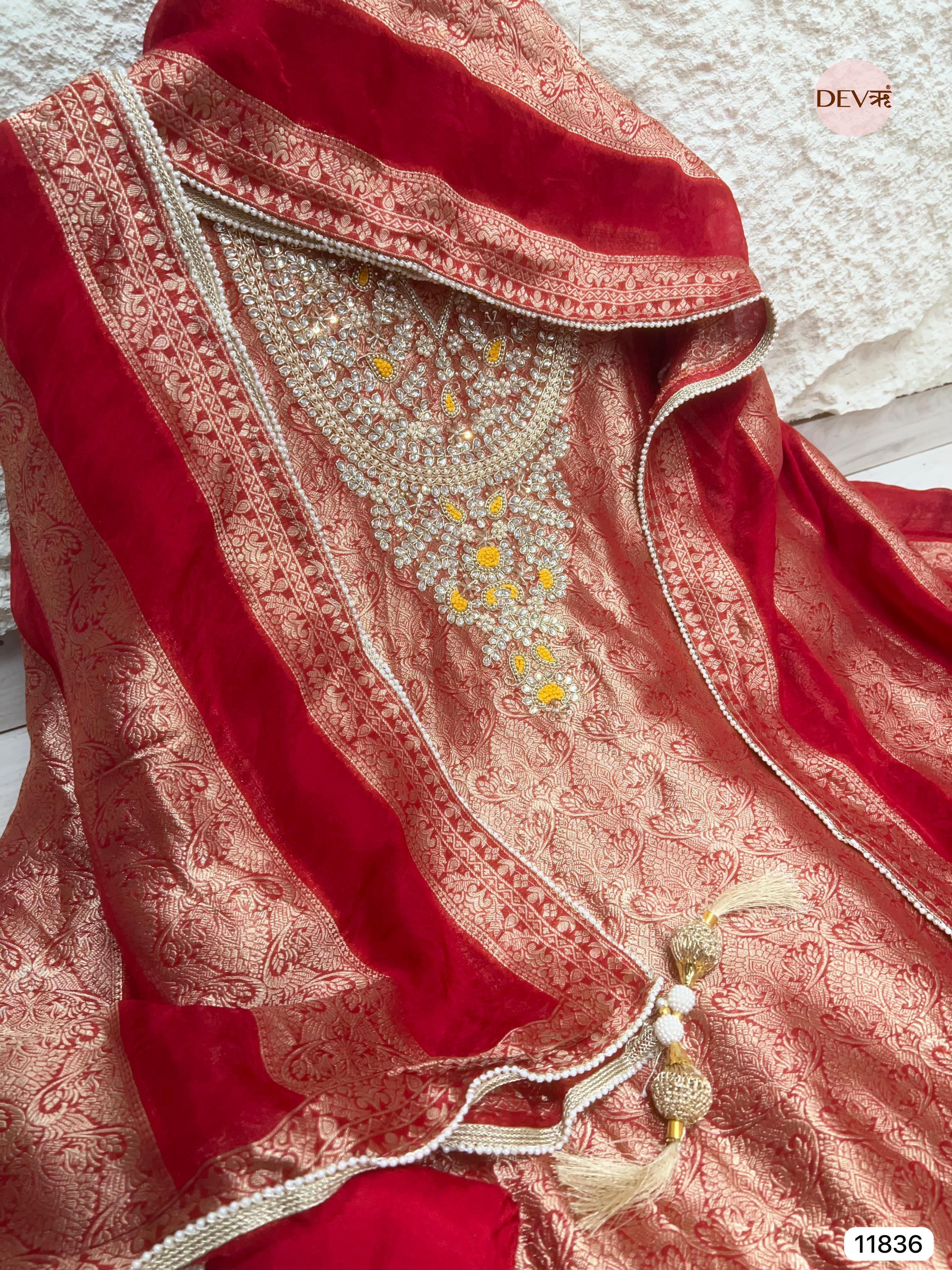 Red Pure Dola Silk Unstitched Banarasi Weave Hand Embroidered -Set Of 3- {11836}