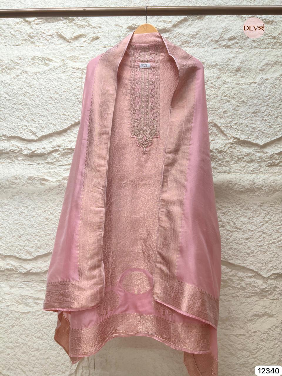 Soft Blush Pink Pure Banarasi Silk Embroidered Unstitched 3-Piece Suit (Devri – D.No 12340)