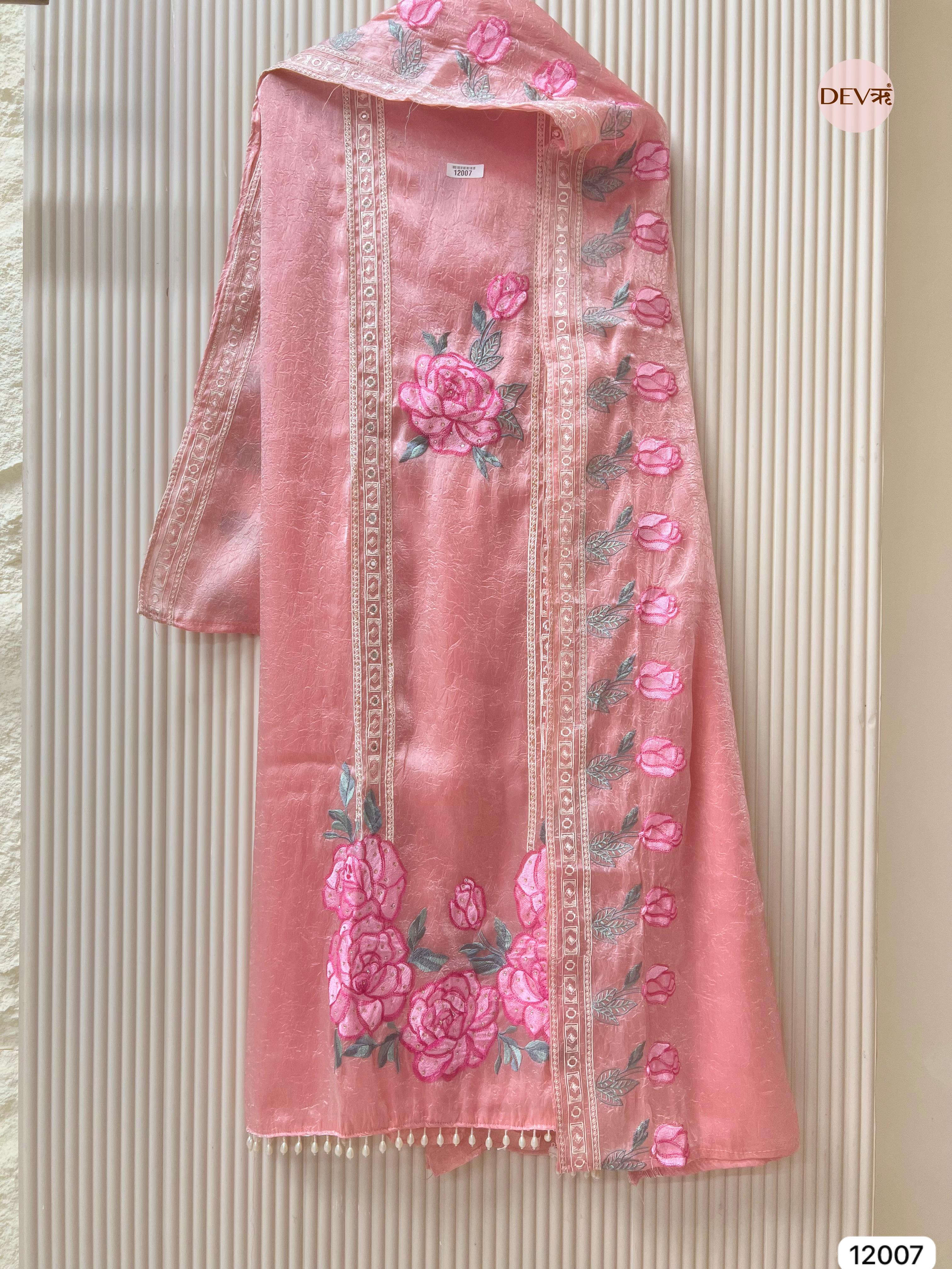 Pink Tissue Organza Silk Unstitched Embroidered -Set Of 3 - {12007}