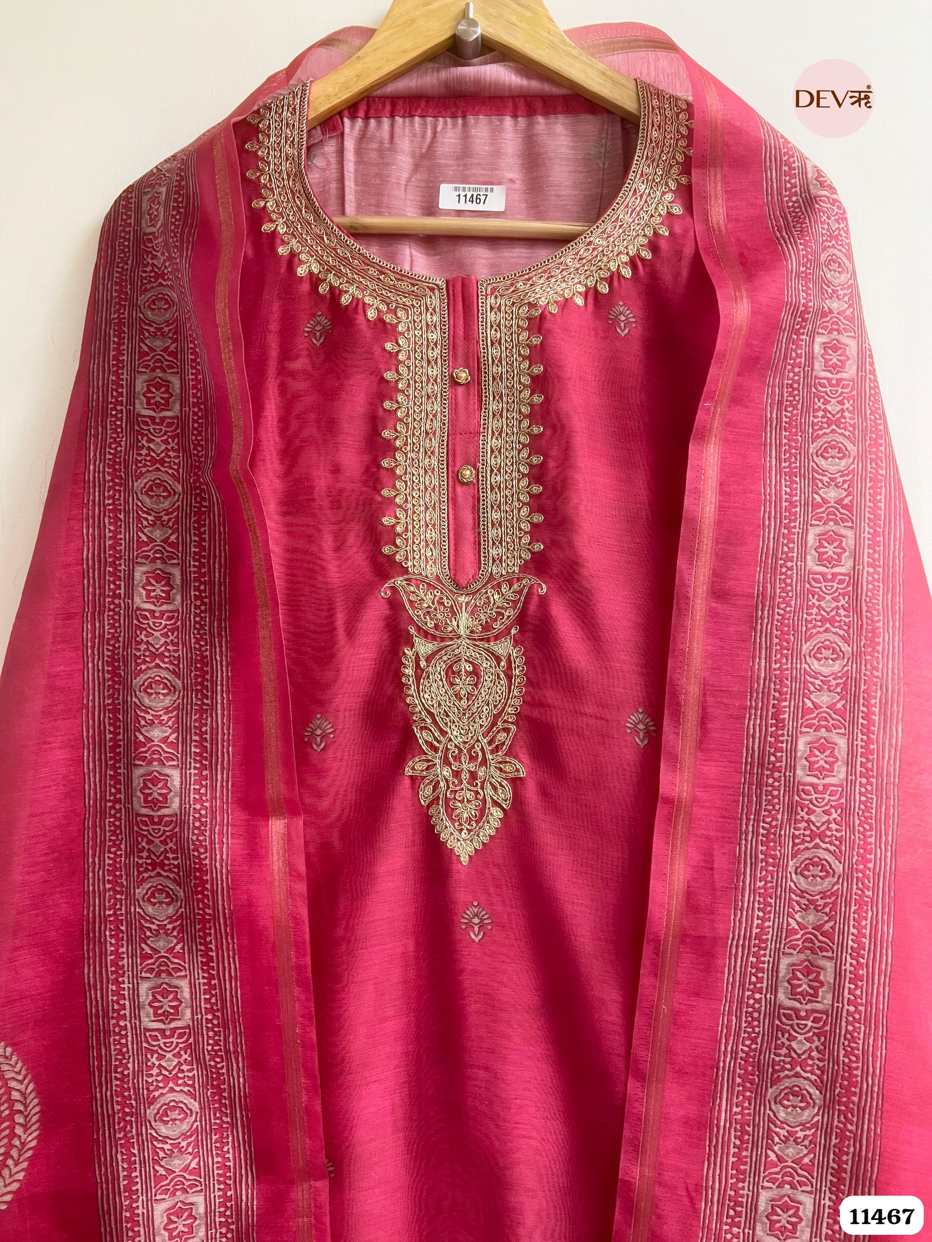 Magenta Pink Mul Chanderi silk Unstitched Embroidered -Set Of 3