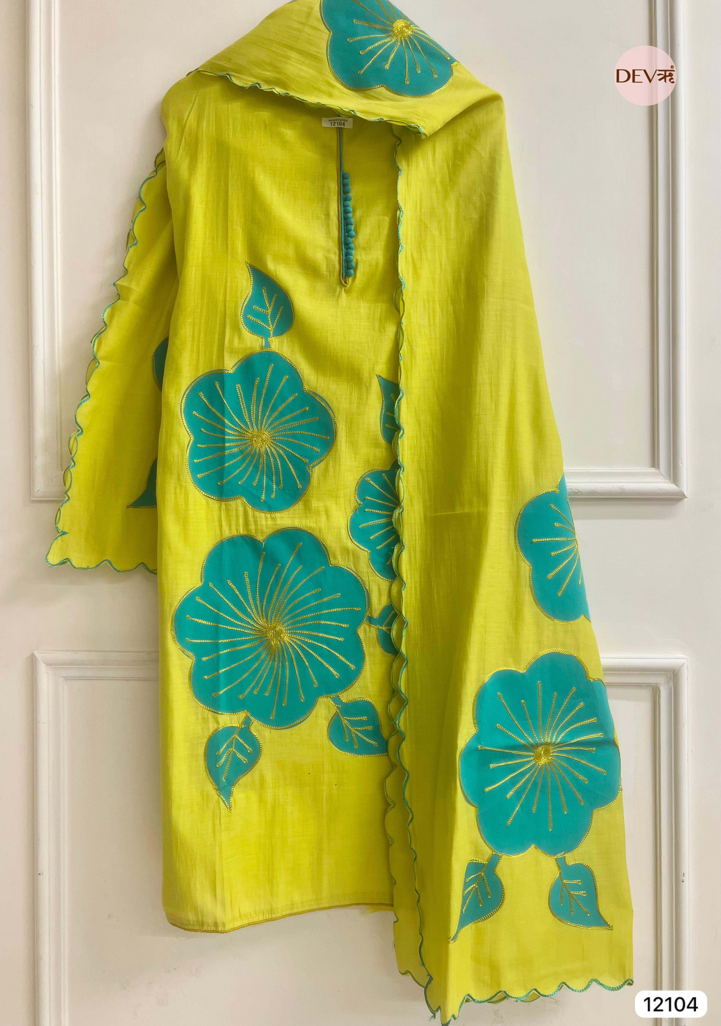 Green Modal Silk Unstitched Applique Embroidered -Set Of 3- {12104}